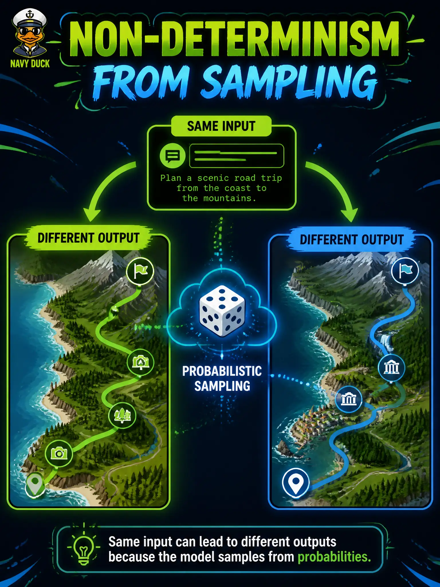 To Create an exciting colorful infographic that explains the concepts in the question: Question: A municipal bulk-trash scheduler sends the same prompt twice and receives two different pickup-route cases. What causes this non-deterministic behavior? Correct Answer: Probabilistic sampling during inference Put EVERY visible label in double quotes. No people. No A/B/C/D letters. In one of the four corners put a little "Navy Duck".