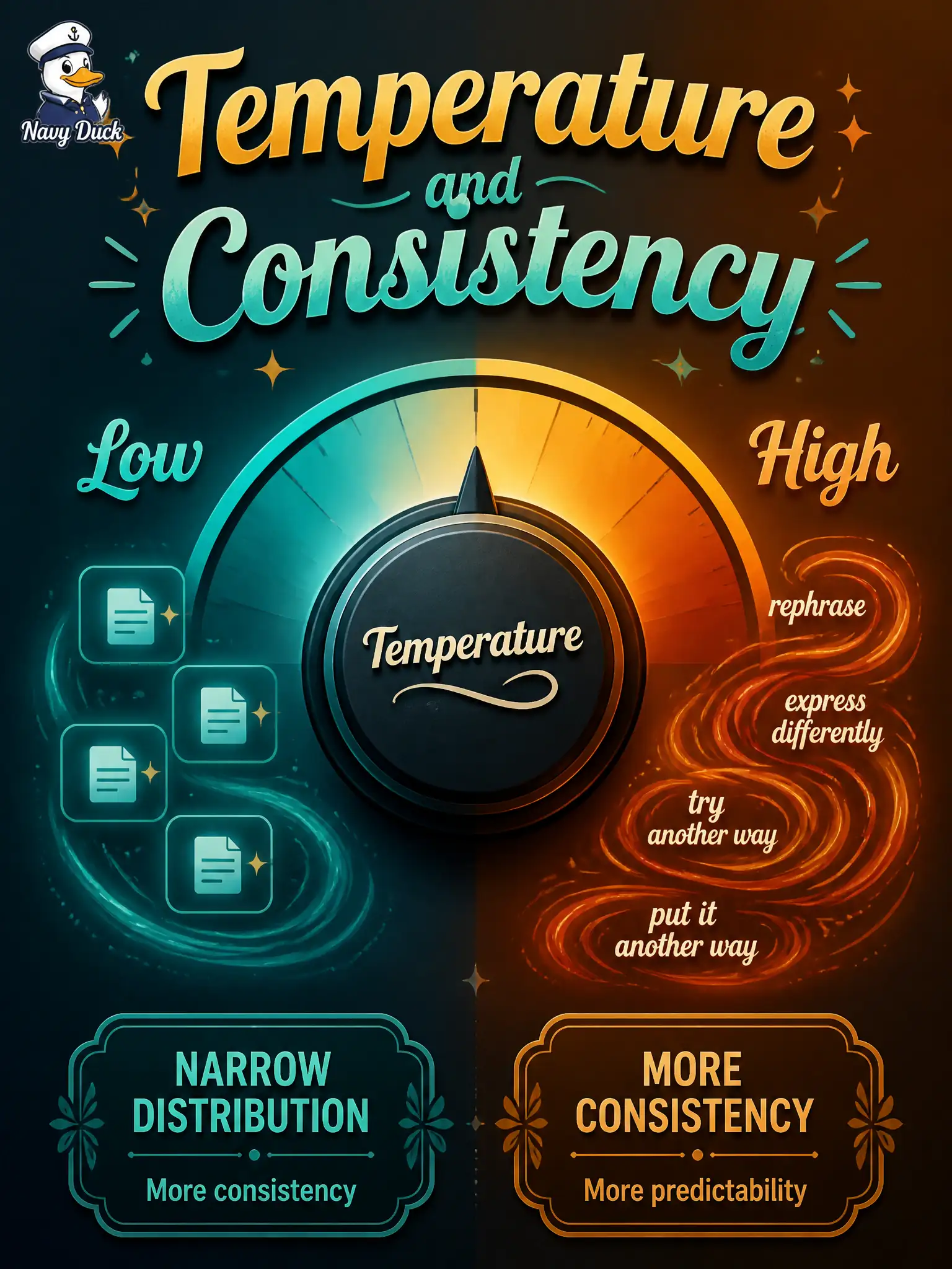To Create an exciting colorful infographic that explains the concepts in the question: Question: A county animal-control script pack changes verbs on every run. The tester is advised to reduce randomness so wording stays more consistent. Which action matches that advice? Correct Answer: Lower the temperature parameter to narrow randomness and increase consistency Put EVERY visible label in double quotes. No people. No A/B/C/D letters. In one of the four corners put a little "Navy Duck".