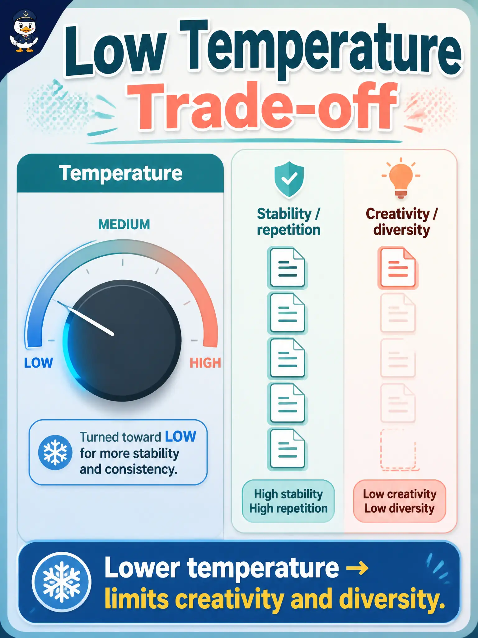 To Create an exciting colorful infographic that explains the concepts in the question: Question: A municipal after-school sign-out generator becomes repetitive once the team lowers temperature for more stable wording. What trade-off does a low temperature setting introduce? Correct Answer: It limits creativity and diversity, so outputs tend to become more repetitive or overly deterministic Put EVERY visible label in double quotes. No people. No A/B/C/D letters. In one of the four corners put a little "Navy Duck".