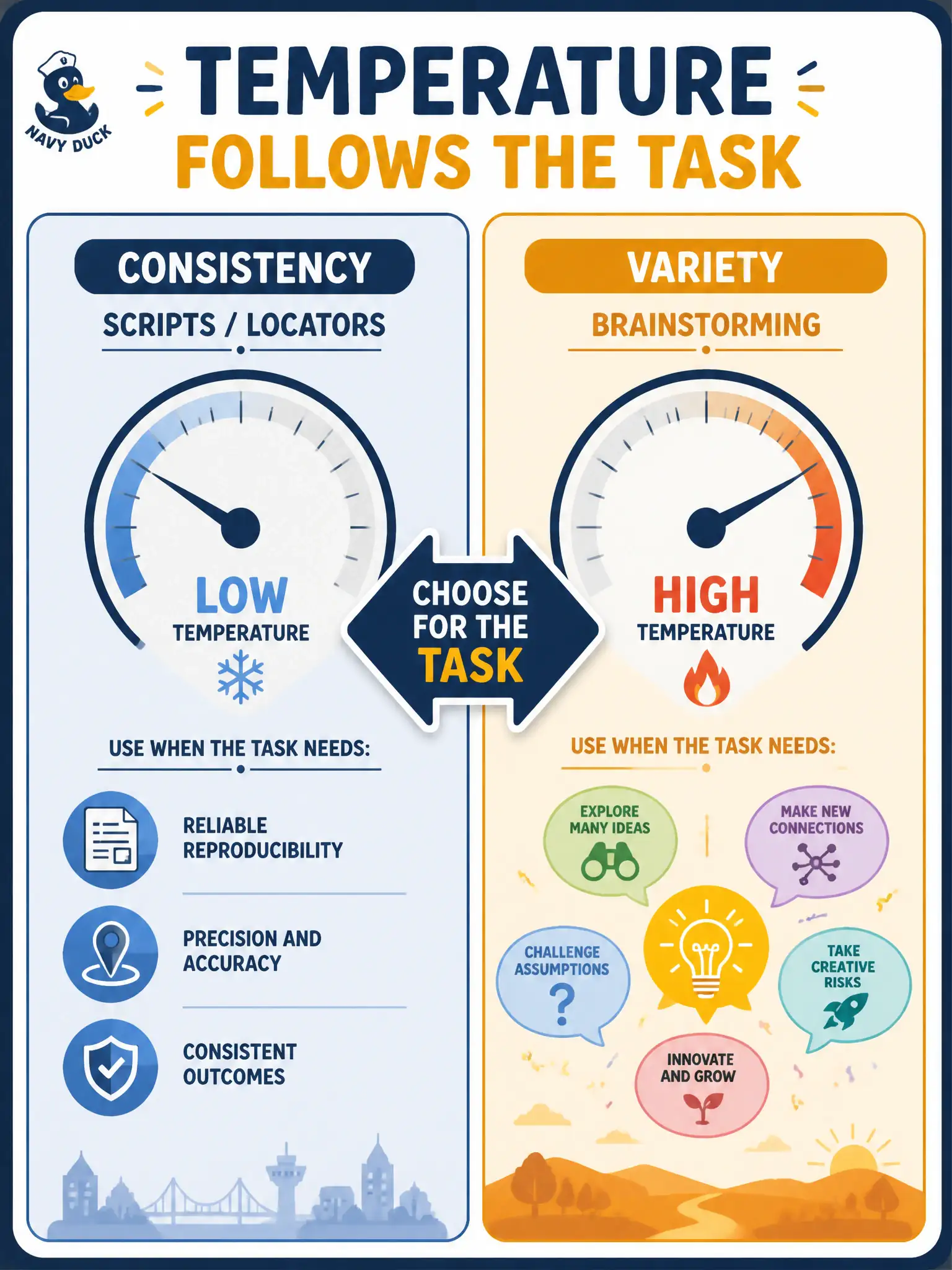 To Create an exciting colorful infographic that explains the concepts in the question: Question: A city taxi-medallion desk needs stable automation locators from an LLM, not brainstormed edge-case names. Which temperature choice best fits that reproducibility-first task? Correct Answer: Use a low temperature so generated scripts stay more consistent across runs Put EVERY visible label in double quotes. No people. No A/B/C/D letters. In one of the four corners put a little "Navy Duck".