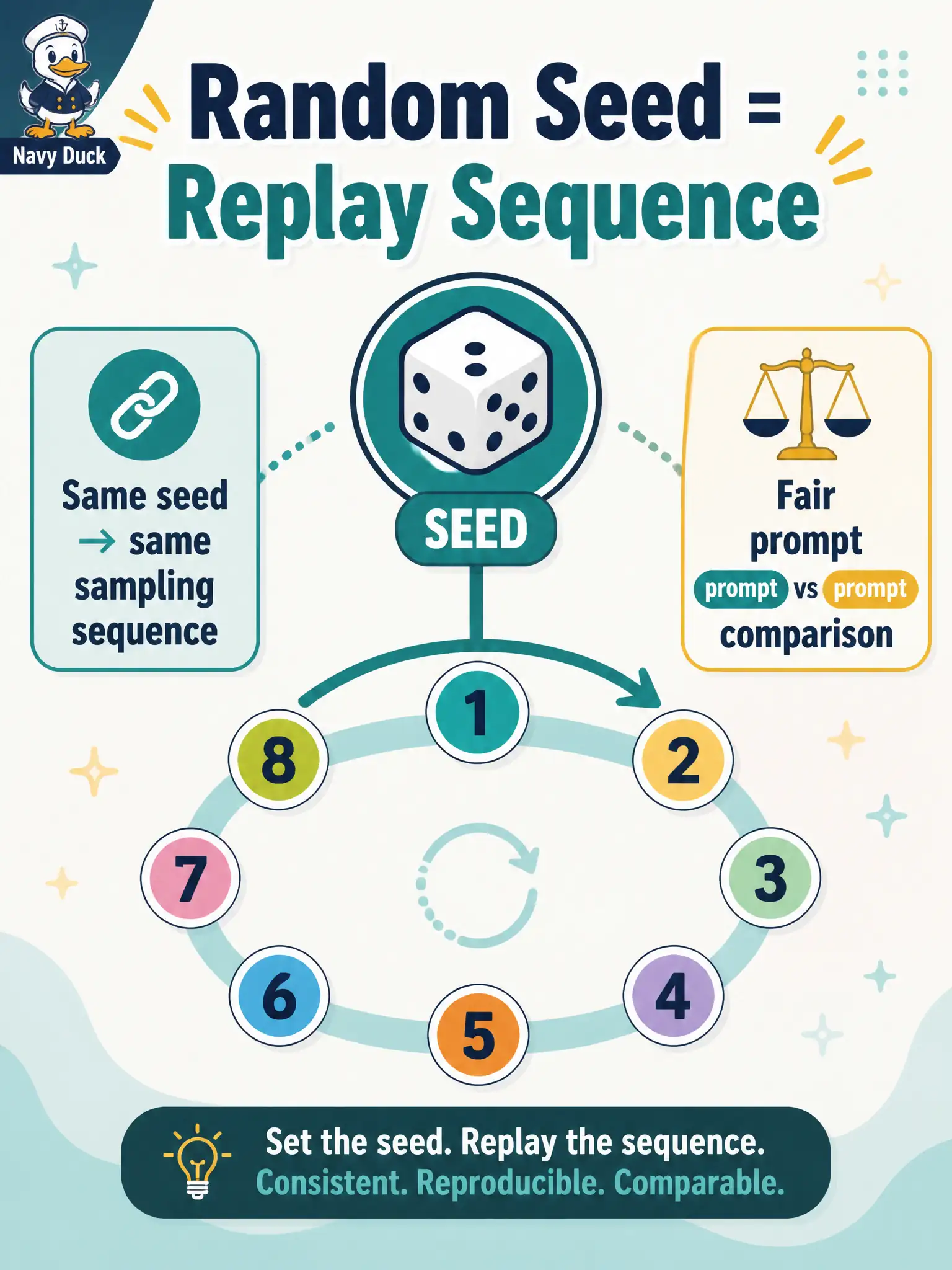 To Create an exciting colorful infographic that explains the concepts in the question: Question: A community-kitchen rental tester needs yesterday’s GenAI data pack again to compare two prompt versions fairly. Which control reuses the same pseudo-random sampling sequence in implementations that support it? Correct Answer: Setting a random seed so the same sampling sequence can be reused Put EVERY visible label in double quotes. No people. No A/B/C/D letters. In one of the four corners put a little "Navy Duck".