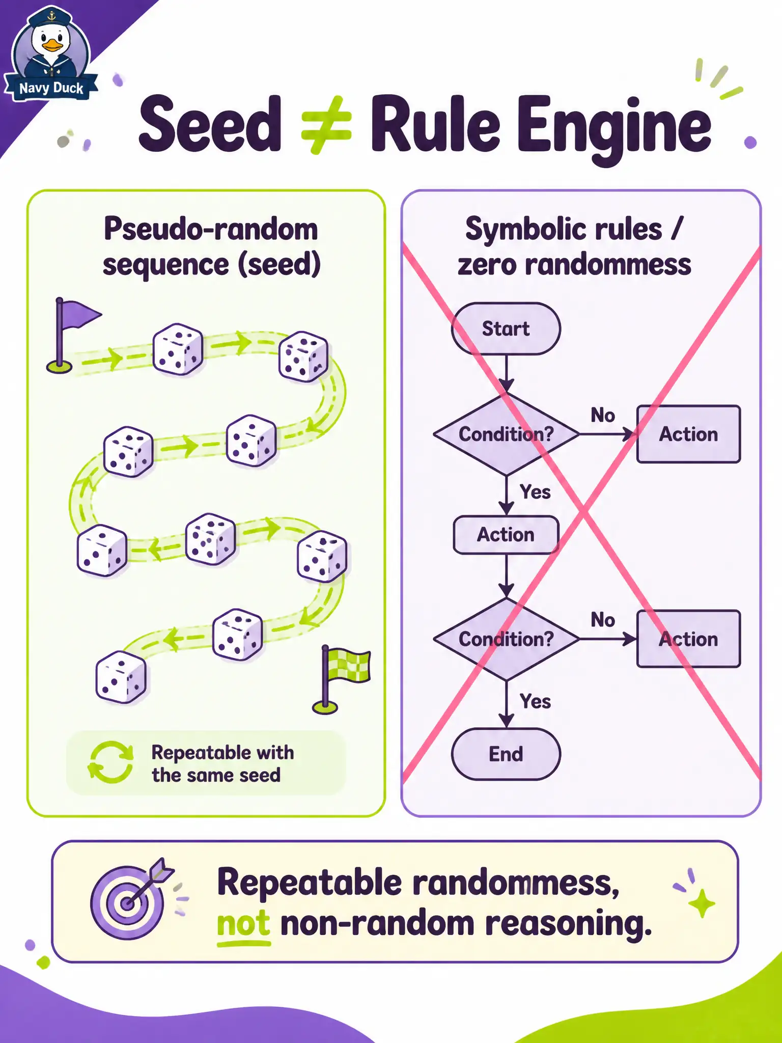 To Create an exciting colorful infographic that explains the concepts in the question: Question: A sidewalk-cafe-permit lead claims that setting a random seed “turns the LLM into a deterministic rule engine.” What does a seed actually provide? Correct Answer: Repeatable pseudo-random sampling values that improve reproducibility, not true non-random reasoning Put EVERY visible label in double quotes. No people. No A/B/C/D letters. In one of the four corners put a little "Navy Duck".