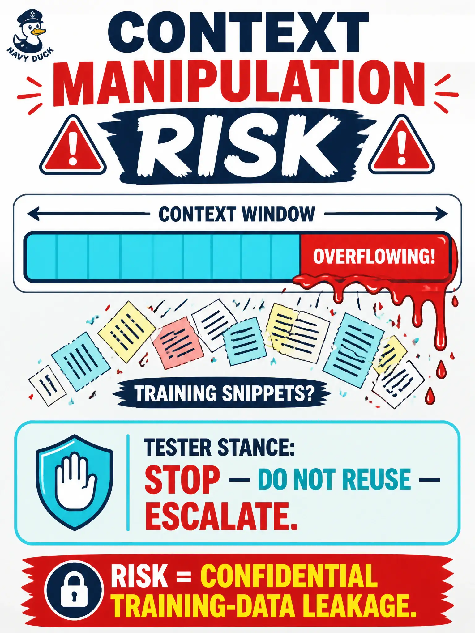 To Create an exciting colorful infographic that explains the concepts in the question: Question: A fire-hydrant-use-permit team is told that context manipulation targets confidential training data, for example by overloading the context window until stray training snippets appear. What is the correct tester stance? Correct Answer: Recognize the training-data leakage risk; do not treat unexpected “remembered” secrets as normal testware — stop and escalate Put EVERY visible label in double quotes. No people. No A/B/C/D letters. In one of the four corners put a little "Navy Duck".