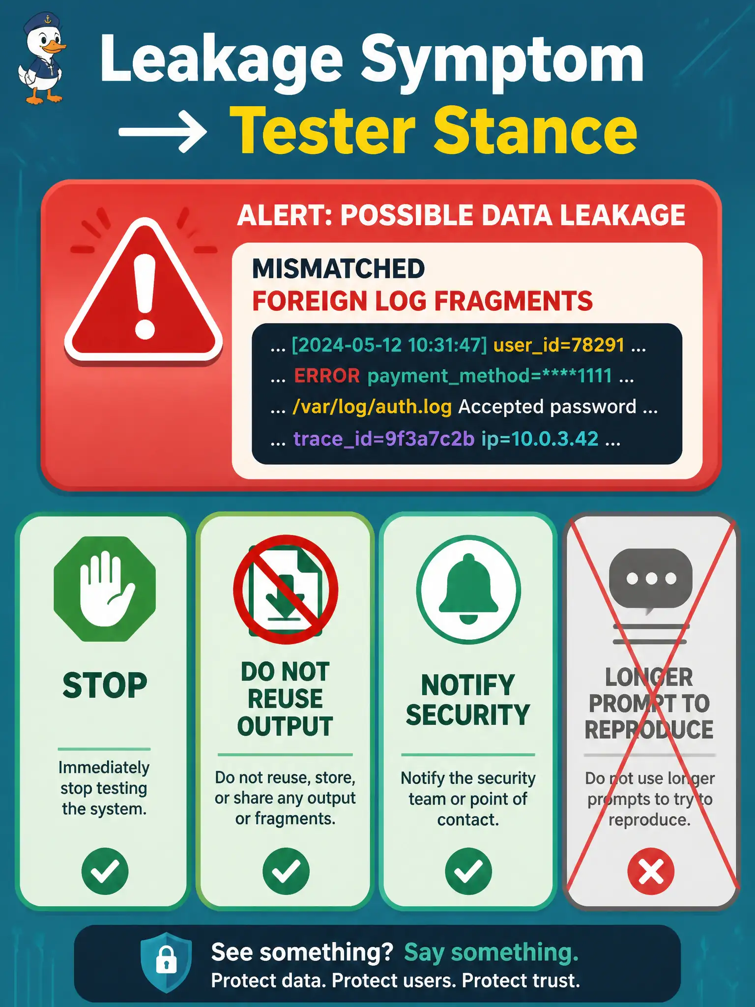 To Create an exciting colorful infographic that explains the concepts in the question: Question: A dark-sky-park reservation assistant starts emitting fragments that look like another city’s logs, not the posted park rules. What is the appropriate tester response to this possible context-manipulation leakage symptom? Correct Answer: Stop, do not reuse the output, and notify security rather than trying to reproduce the leakage Put EVERY visible label in double quotes. No people. No A/B/C/D letters. In one of the four corners put a little "Navy Duck".