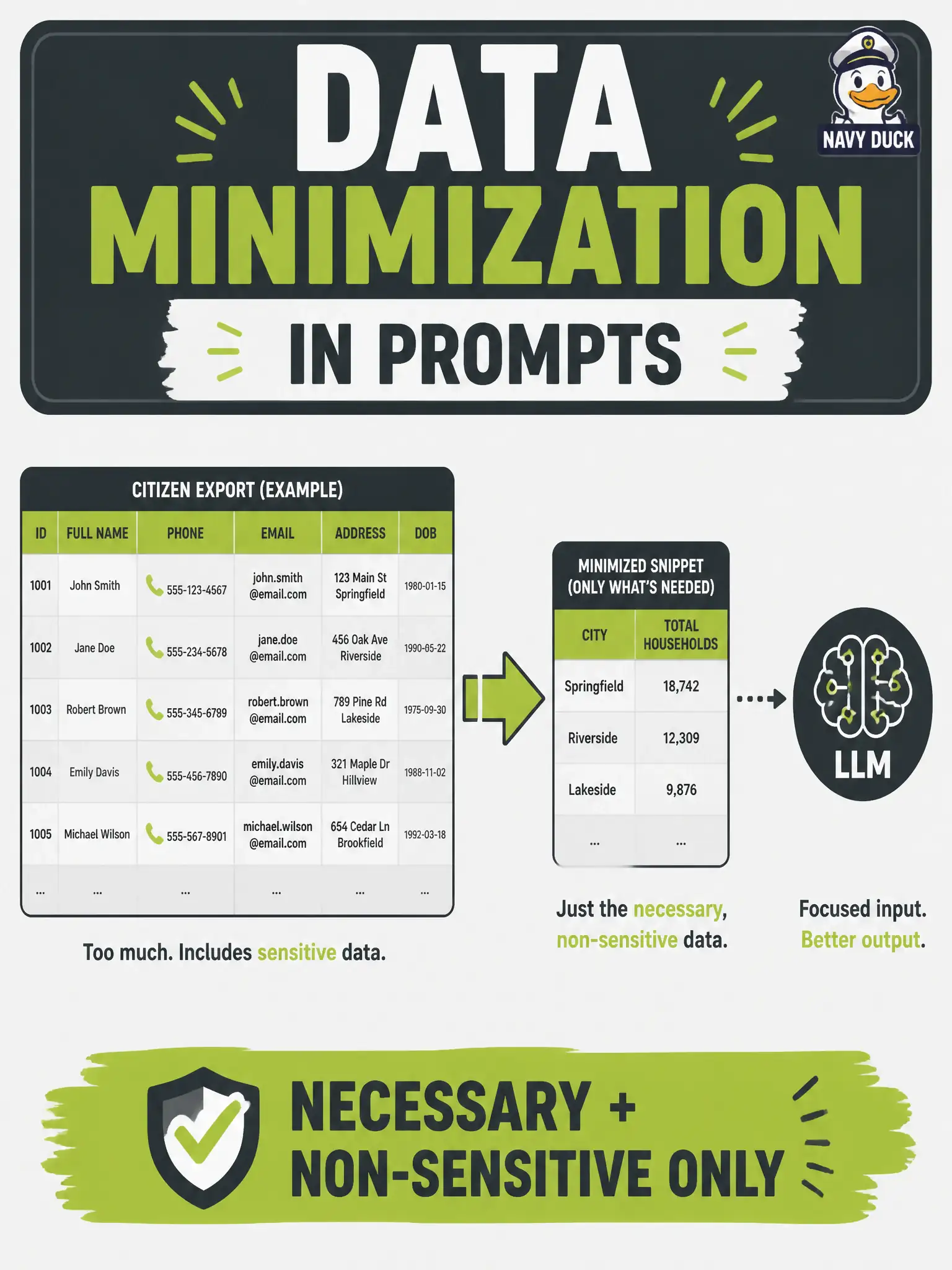 To Create an exciting colorful infographic that explains the concepts in the question: Question: A municipal pothole-report tester is about to paste a full citizen export—phones and emails included—into an LLM just to draft three cases. Which mitigation principle should guide the prompt? Correct Answer: Data minimization: use only the necessary amount of non-sensitive data, and avoid sensitive data unless legally permitted Put EVERY visible label in double quotes. No people. No A/B/C/D letters. In one of the four corners put a little "Navy Duck".