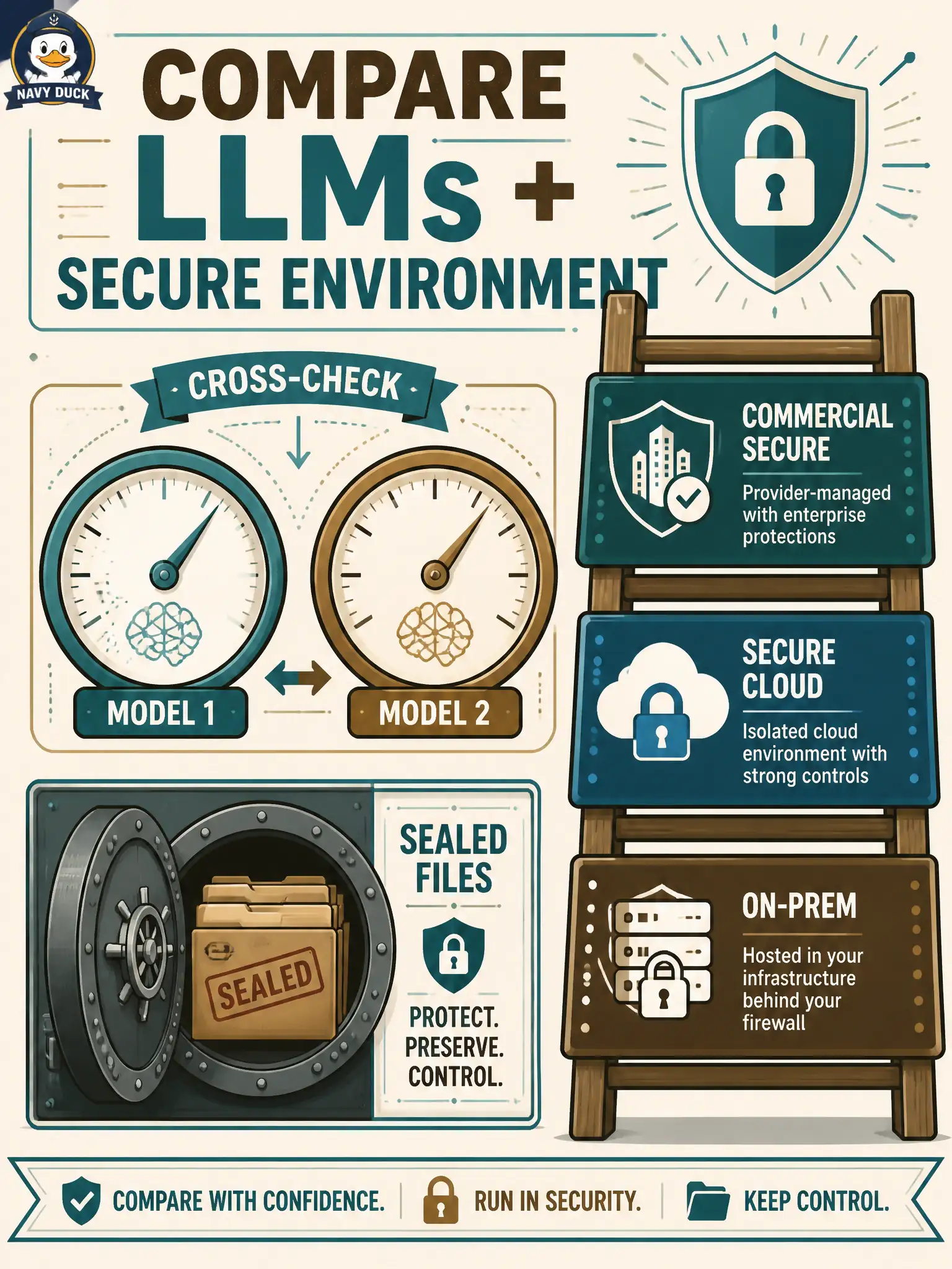 To Create an exciting colorful infographic that explains the concepts in the question: Question: A public-archive retrieval team handles sealed personnel files and wants stronger GenAI privacy and security controls for test tasks. Which pair of complementary mitigations best fits the syllabus guidance? Correct Answer: Evaluate by comparison with another LLM, and choose a secure operational environment matched to confidentiality Put EVERY visible label in double quotes. No people. No A/B/C/D letters. In one of the four corners put a little "Navy Duck".