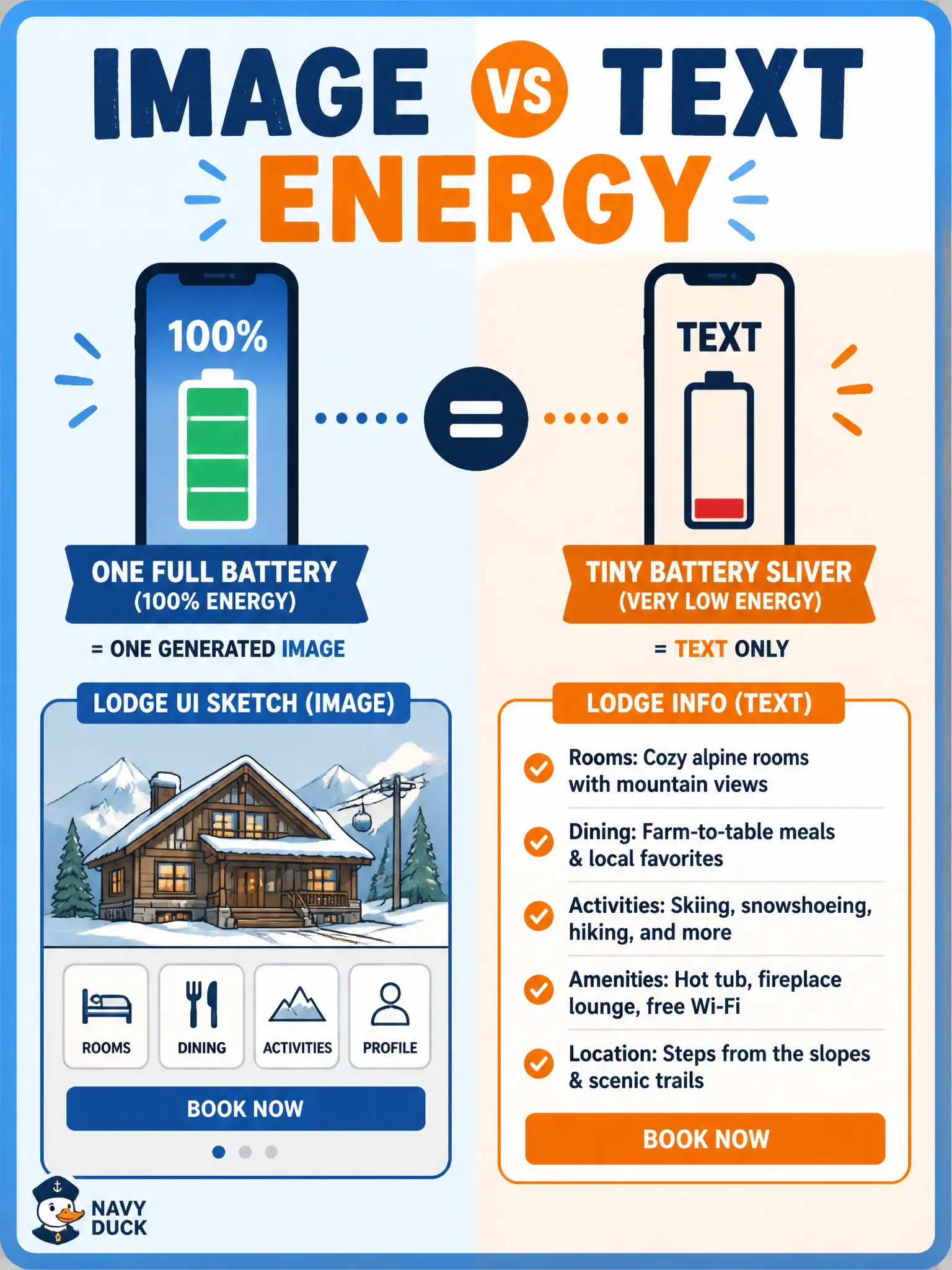 To Create an exciting colorful infographic that explains the concepts in the question: Question: A municipal ski-tow ticket team wants a model to paint a fake lodge UI for every case instead of only writing the steps in text. Which energy comparison from the syllabus best applies? Correct Answer: Generating a single image can use about as much energy as fully charging a smartphone, while text uses only a small percentage of that Put EVERY visible label in double quotes. No people. No A/B/C/D letters. In one of the four corners put a little "Navy Duck".