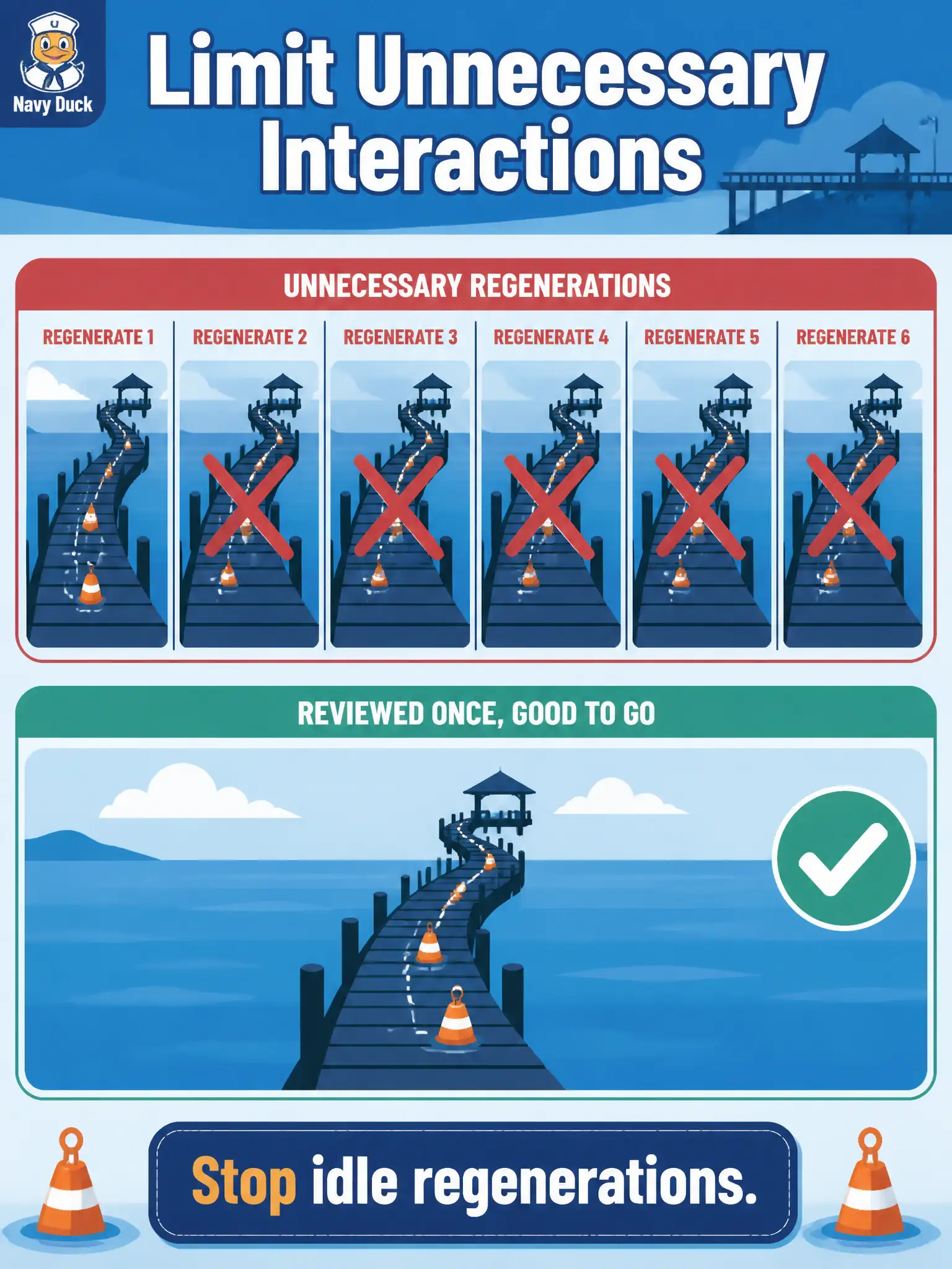 To Create an exciting colorful infographic that explains the concepts in the question: Question: A public-pier fishing-license kiosk regenerates the same happy-path pack six times “for luck” with no prompt change. Which official environmental practice should the tester apply? Correct Answer: Limit unnecessary model interactions Put EVERY visible label in double quotes. No people. No A/B/C/D letters. In one of the four corners put a little "Navy Duck".