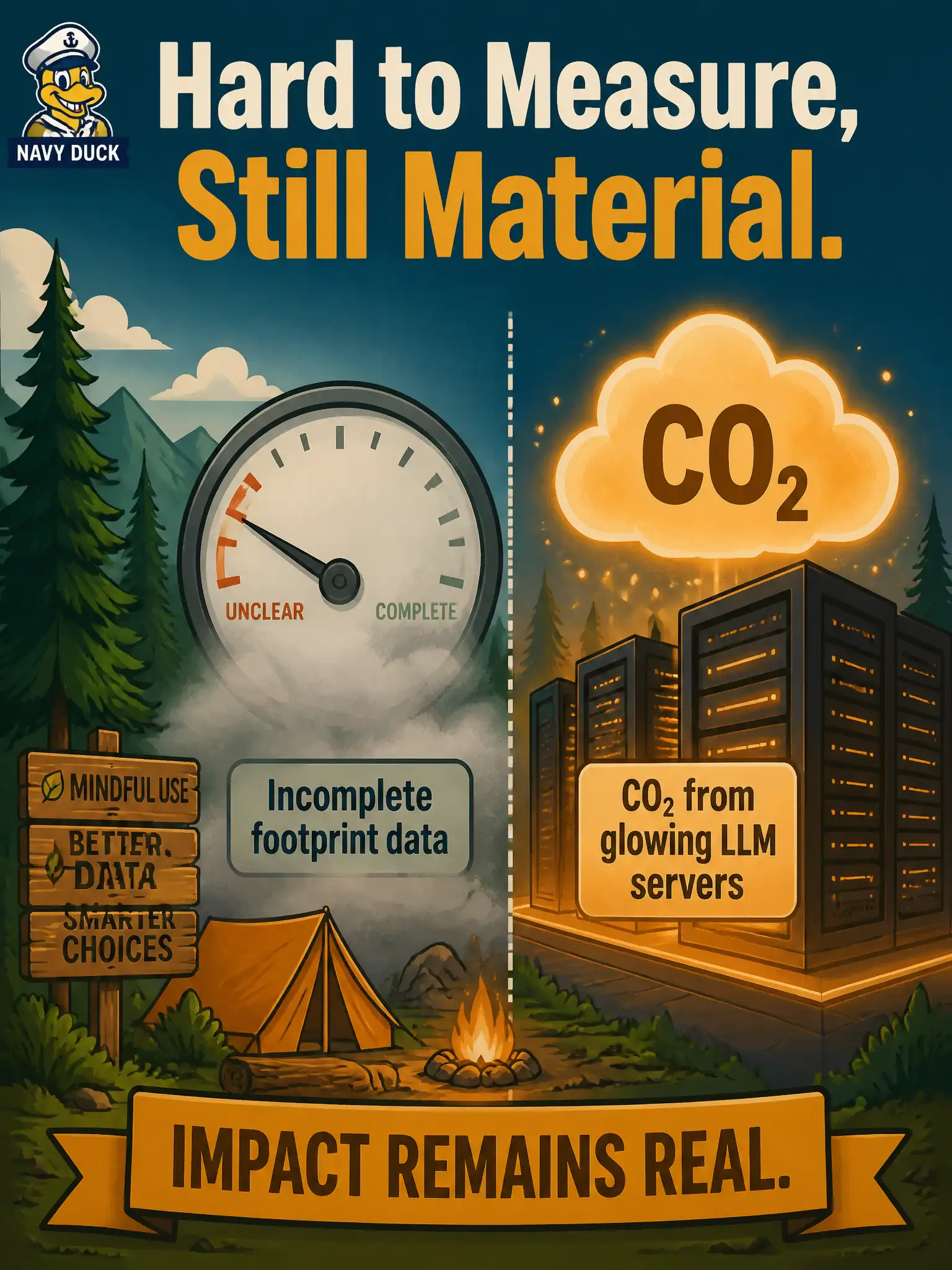 To Create an exciting colorful infographic that explains the concepts in the question: Question: A municipal campground lead refuses to care about GenAI energy use until given an exact kilogram of CO₂ per test case. Which syllabus stance best responds? Correct Answer: Accurate environmental data is hard to obtain, yet energy-intensive GenAI operations still contribute significant CO₂ Put EVERY visible label in double quotes. No people. No A/B/C/D letters. In one of the four corners put a little "Navy Duck".