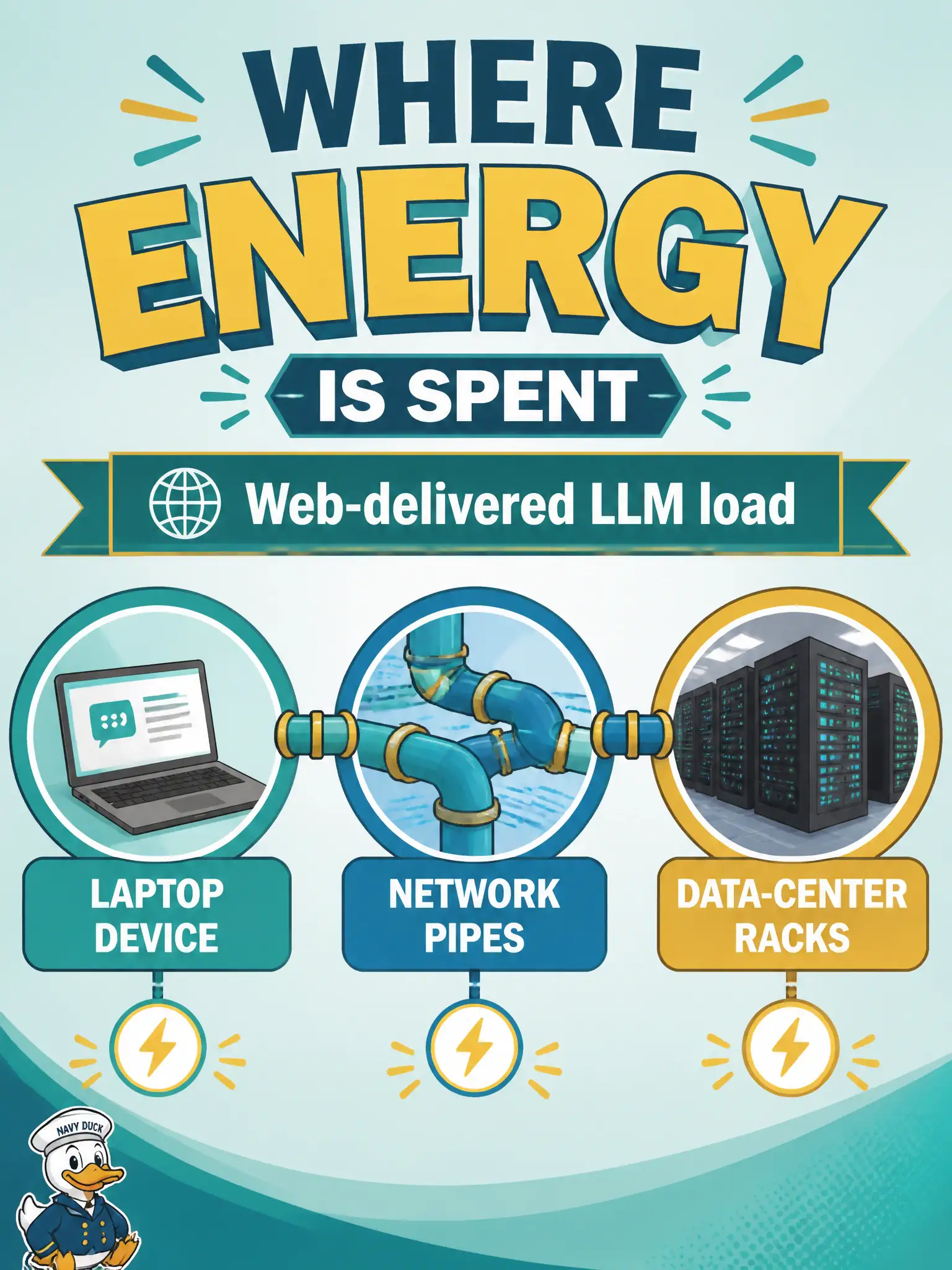 To Create an exciting colorful infographic that explains the concepts in the question: Question: A city fountain-show booking chatbot is used all afternoon from testers’ laptops for GenAI-assisted case drafting. Where does that usage increase load and energy use? Correct Answer: On devices, networks, and data centers supporting the web-delivered LLM Put EVERY visible label in double quotes. No people. No A/B/C/D letters. In one of the four corners put a little "Navy Duck".