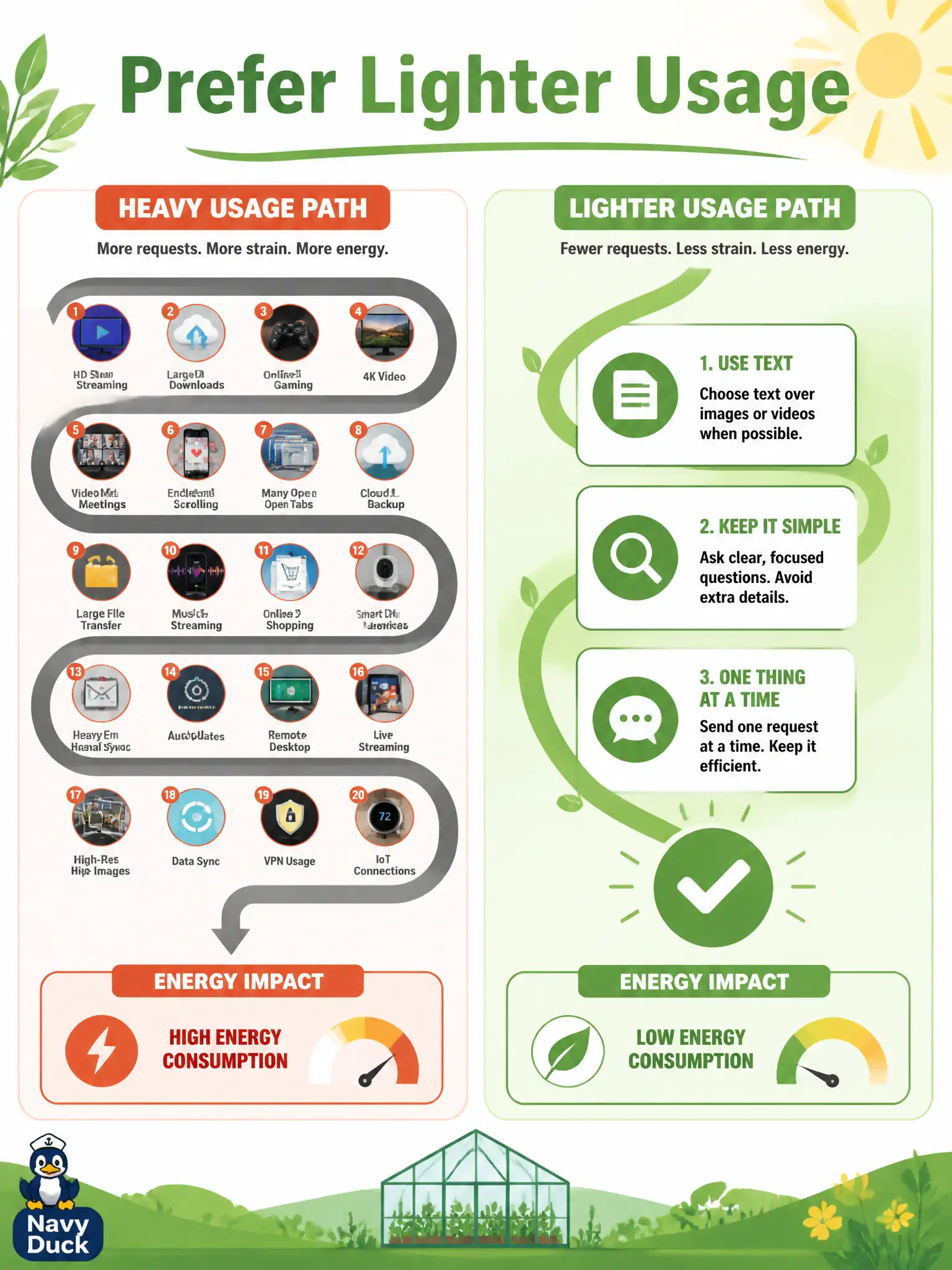 To Create an exciting colorful infographic that explains the concepts in the question: Question: A municipal greenhouse-plot tester can either attach twenty decorative site photos or paste the three posted rules as text when asking an LLM for cases. Which environmental choice is better when the text is sufficient? Correct Answer: Prefer the lighter sufficient usage pattern—text over image-heavy, oversized, or repeated calls Put EVERY visible label in double quotes. No people. No A/B/C/D letters. In one of the four corners put a little "Navy Duck".