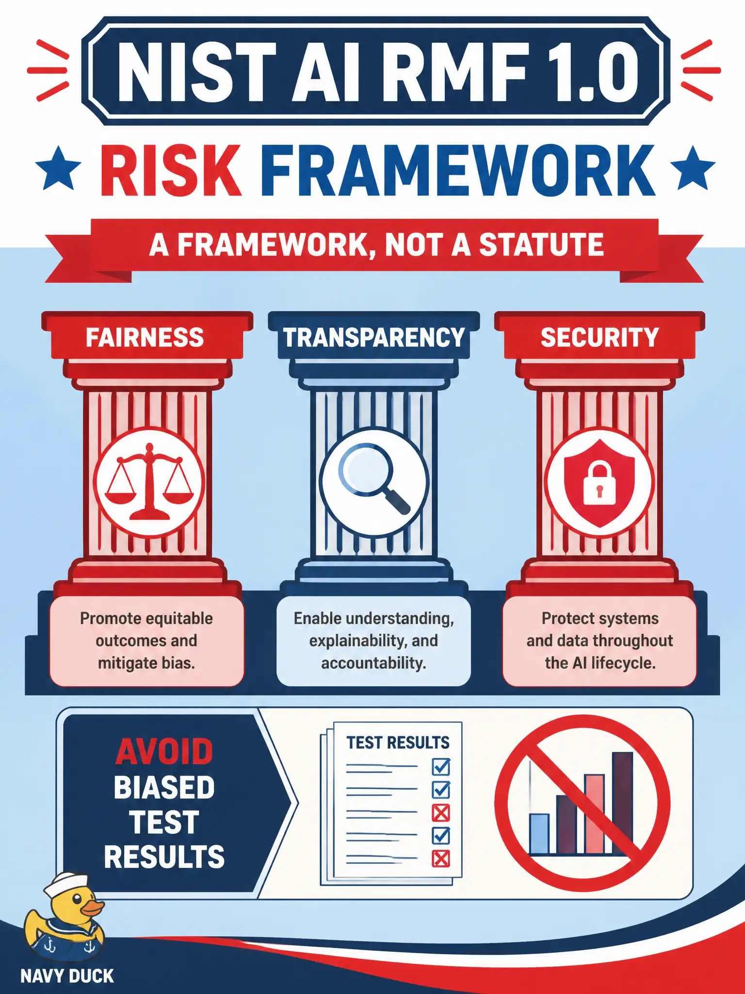 To Create an exciting colorful infographic that explains the concepts in the question: Question: A county 4-H fair-entry desk wants the named framework—not a statute—that offers guidelines for managing AI risks with a focus on fairness, transparency, and security, and that supports preventing biased test results. Which instrument is it? Correct Answer: NIST AI RMF 1.0 Put EVERY visible label in double quotes. No people. No A/B/C/D letters. In one of the four corners put a little "Navy Duck".