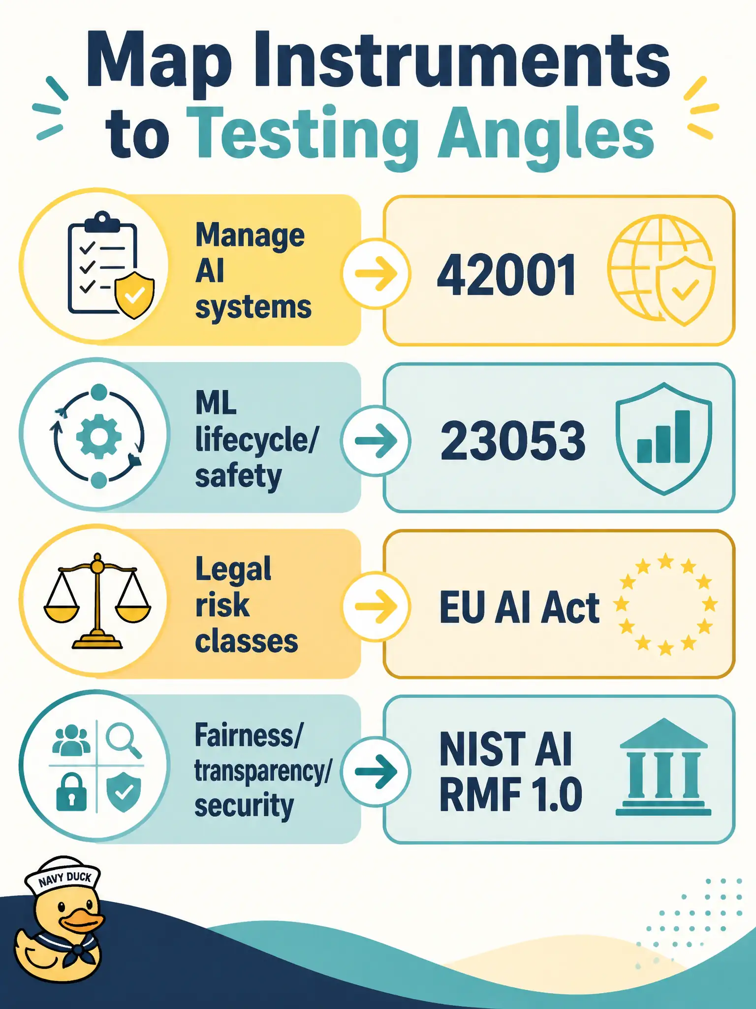 To Create an exciting colorful infographic that explains the concepts in the question: Question: A homestead-exemption desk must match four GenAI-in-testing needs: (1) manage AI systems for consistent practice; (2) ML lifecycle, data quality, and safety; (3) legal risk classes plus accountability and bias duties; (4) fairness, transparency, and security guidelines that help avoid biased test results. Which mapping is correct? Correct Answer: ISO/IEC 42001:2023; ISO/IEC 23053:2022; EU AI Act; NIST AI RMF 1.0 Put EVERY visible label in double quotes. No people. No A/B/C/D letters. In one of the four corners put a little "Navy Duck".