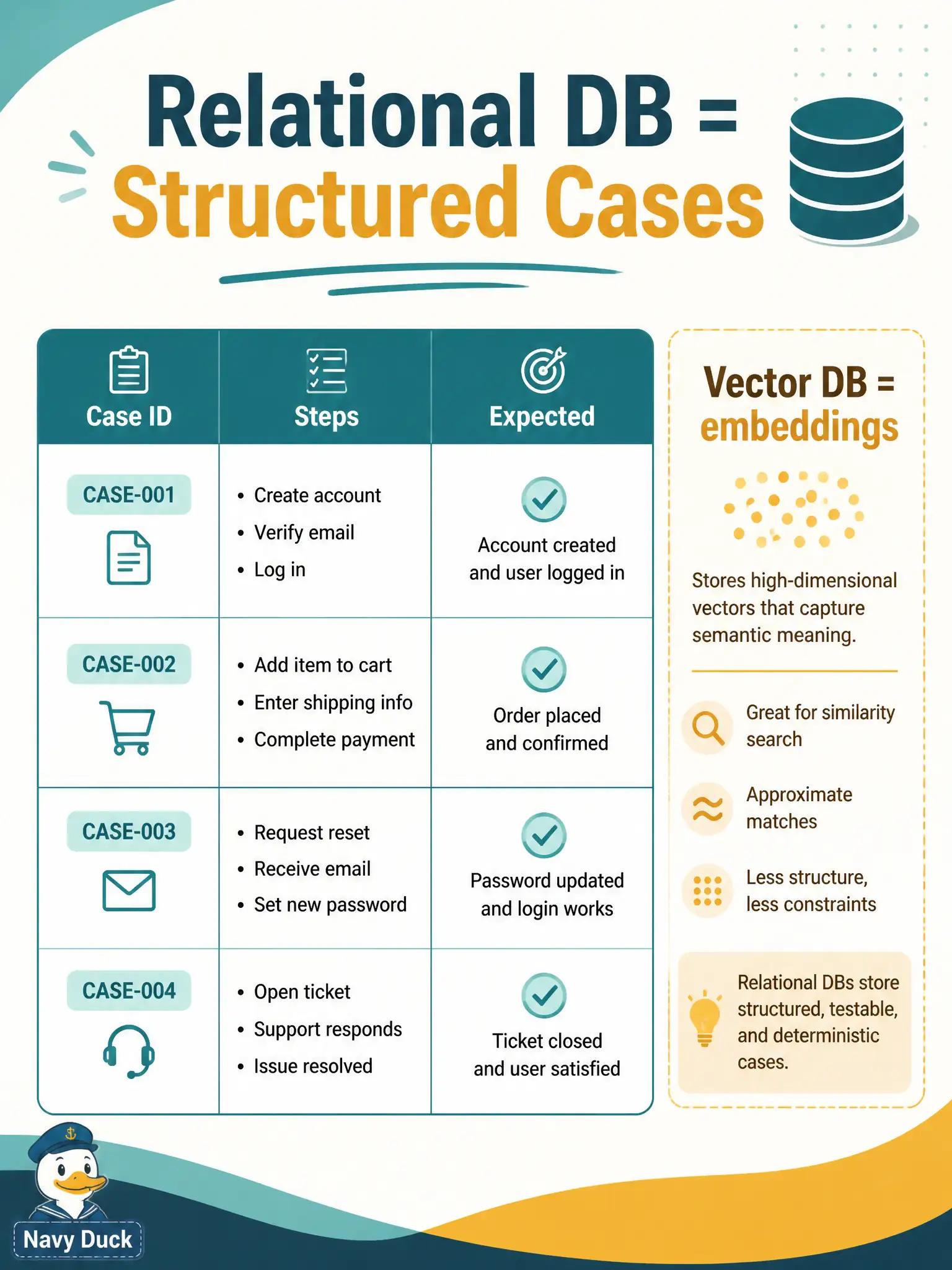 To Create an exciting colorful infographic that explains the concepts in the question: Question: A municipal dog-park-pass suite stores approved cases in rows and columns and wants the back-end to pull those rows when it builds a prompt. Which store is appropriate for that structured testing data? Correct Answer: A relational database holding structured testing data such as test cases Put EVERY visible label in double quotes. No people. No A/B/C/D letters. In one of the four corners put a little "Navy Duck".