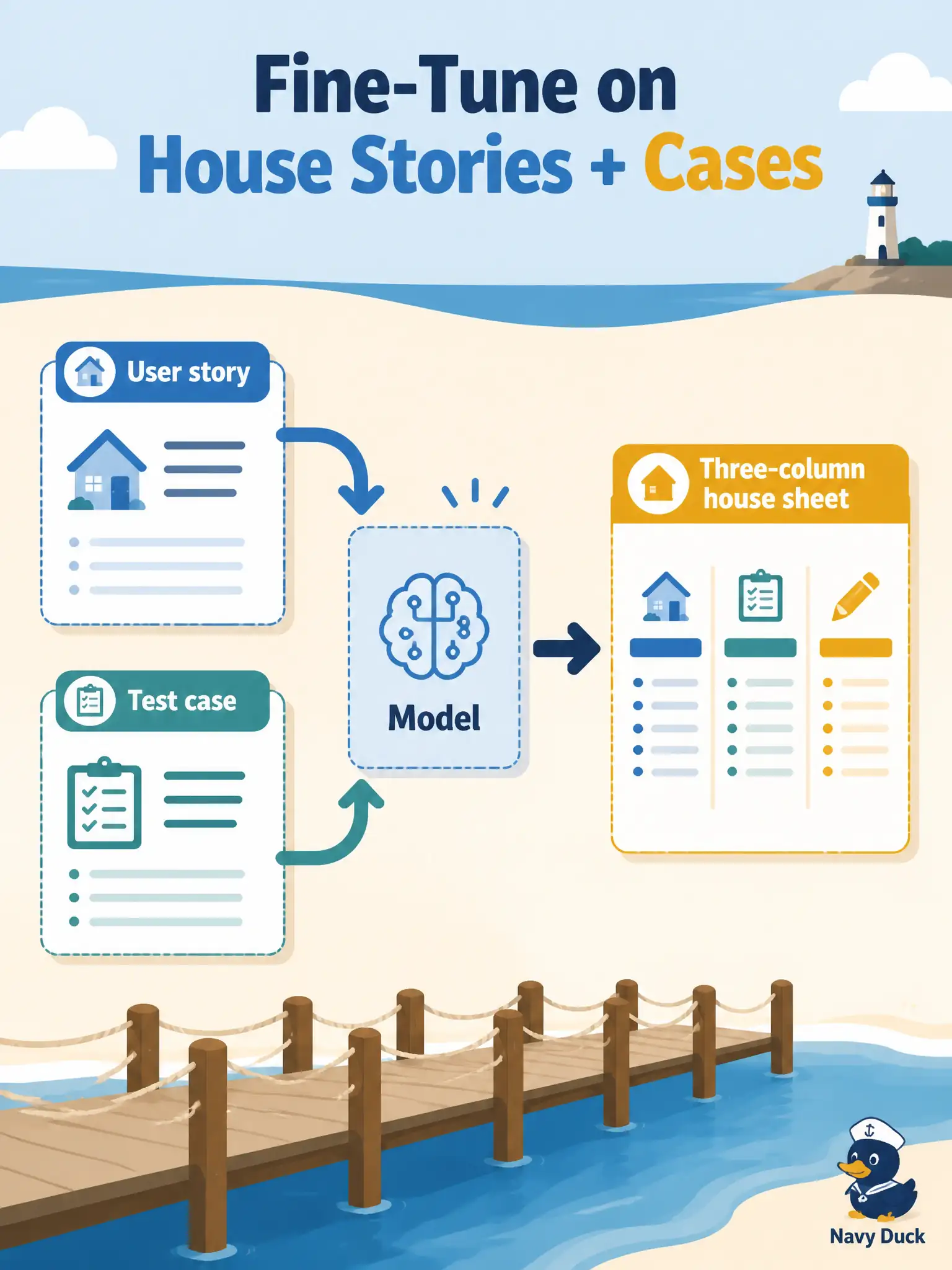 To Create an exciting colorful infographic that explains the concepts in the question: Question: A municipal fishing-pier pass team wants every generated case in their three-column house sheet and will train on last season’s stories paired with accepted cases. What is the syllabus testing example of fine-tuning? Correct Answer: Fine-tune on the organization’s user stories and corresponding test cases so output matches the org’s test process and terminology Put EVERY visible label in double quotes. No people. No A/B/C/D letters. In one of the four corners put a little "Navy Duck".