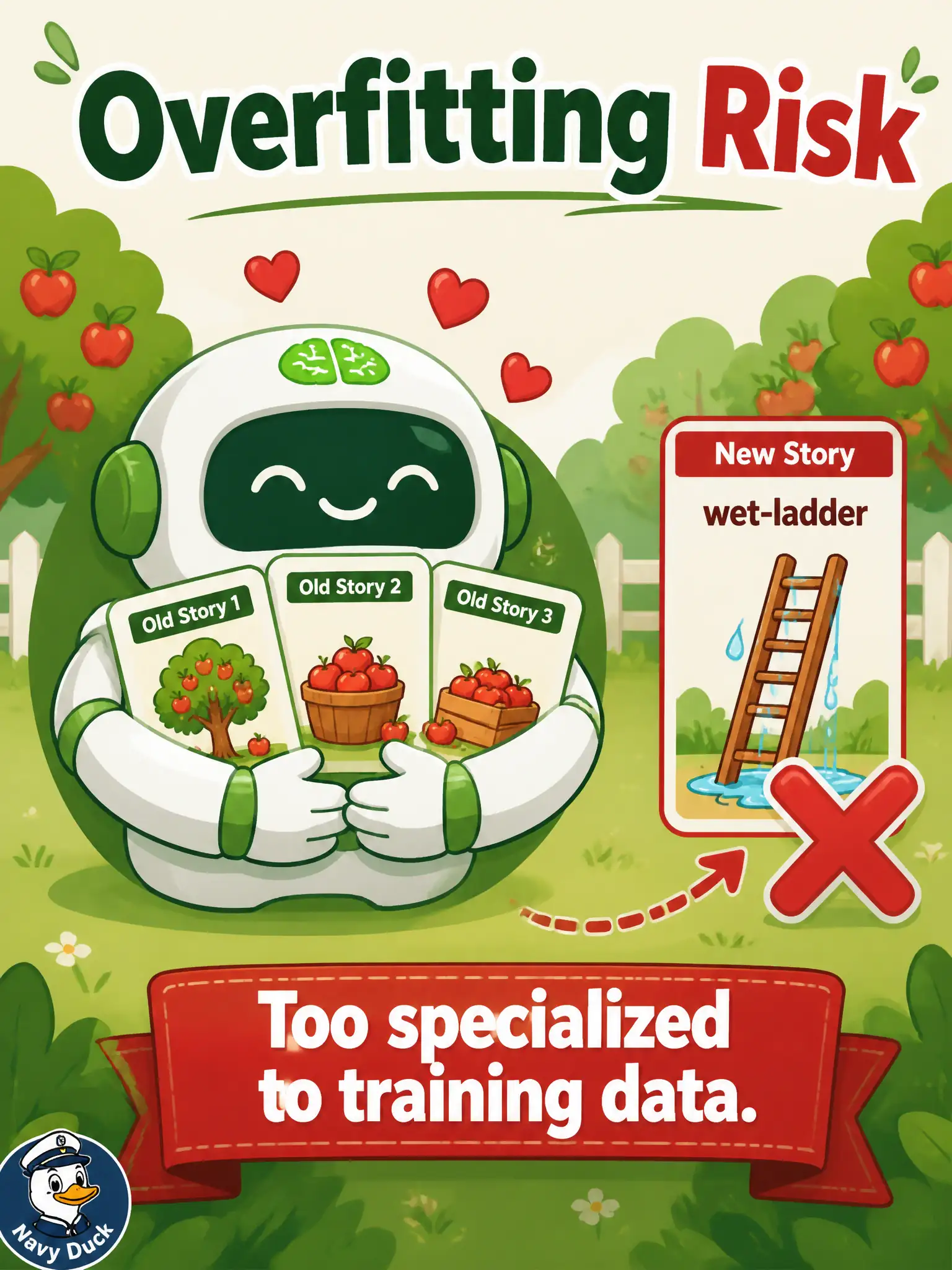 To Create an exciting colorful infographic that explains the concepts in the question: Question: A community orchard-gleaning model, after a tuning pass, only writes cases that copy last October’s three stories and fails on this week’s new “wet-ladder” rule. Which challenge is that? Correct Answer: Overfitting — the model becomes too specialized to the training data and performs worse on new, unseen test tasks Put EVERY visible label in double quotes. No people. No A/B/C/D letters. In one of the four corners put a little "Navy Duck".