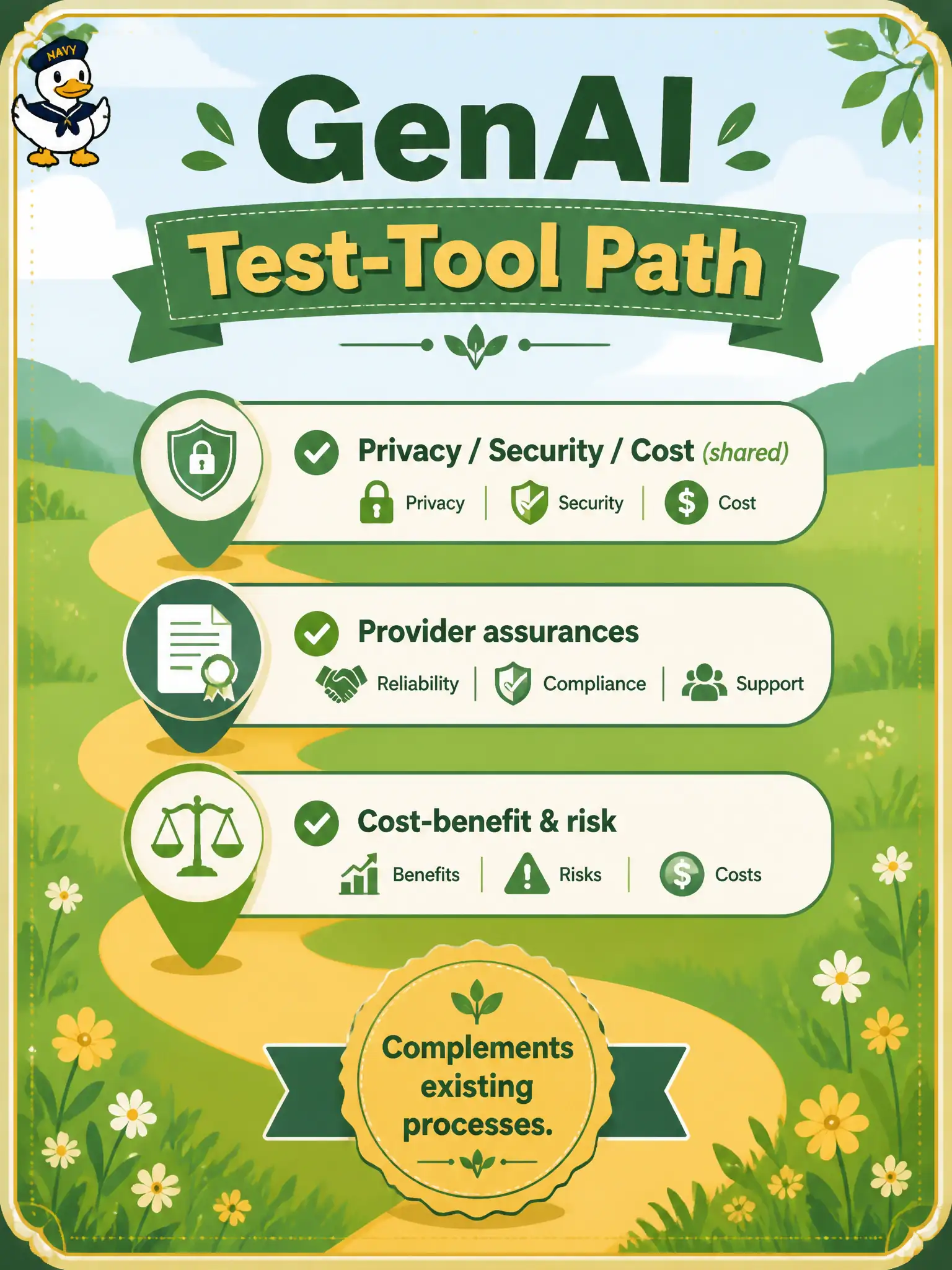 To Create an exciting colorful infographic that explains the concepts in the question: Question: A municipal bee-friendly lawn-waiver shop will buy a test tool that already embeds GenAI for case drafts. Beyond shared privacy, security, and cost concerns, what else should that path evaluate? Correct Answer: The provider’s data-security and performance assurances, plus a cost-benefit and risk look, because the tool complements existing test processes Put EVERY visible label in double quotes. No people. No A/B/C/D letters. In one of the four corners put a little "Navy Duck".