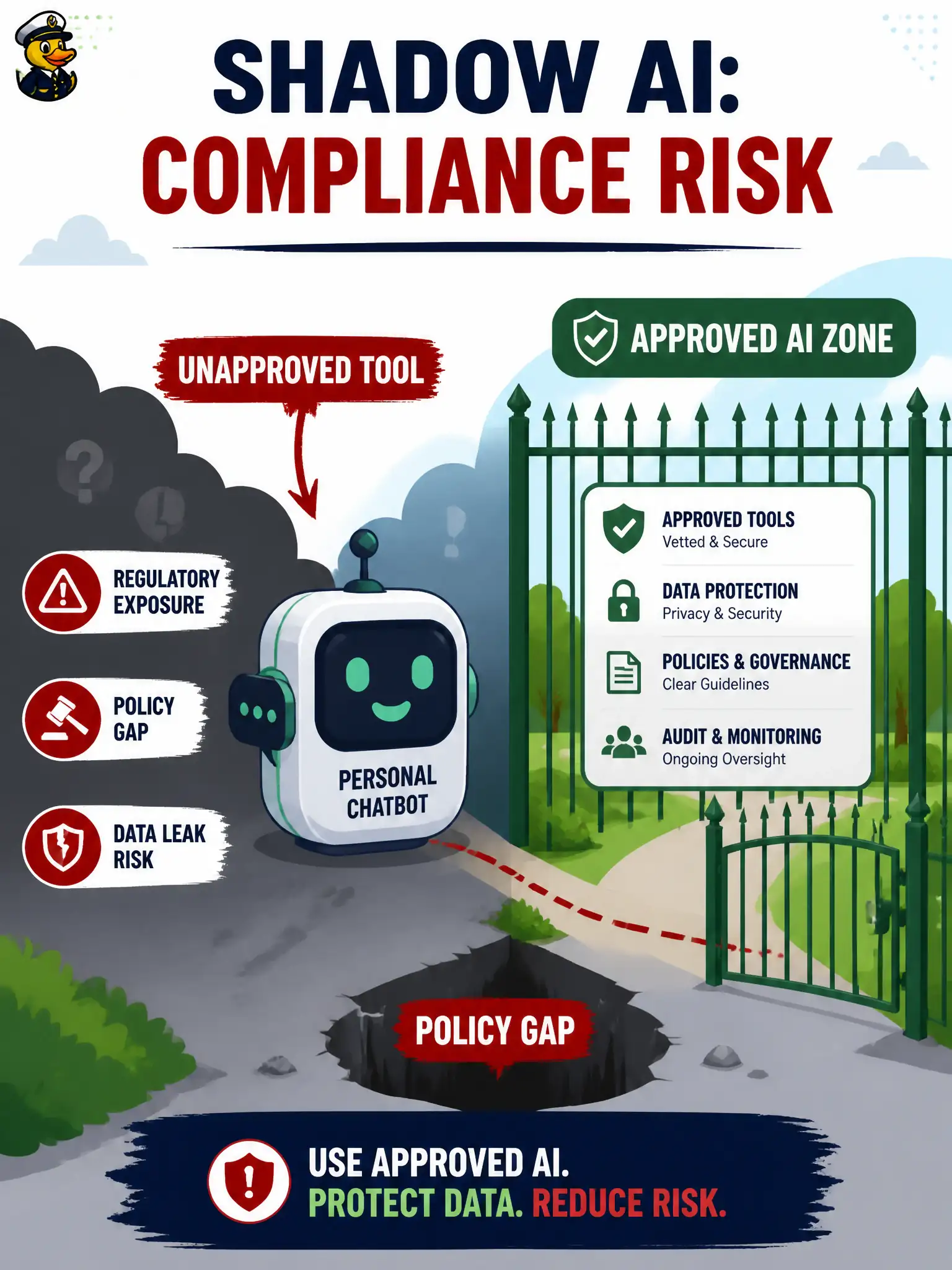To Create an exciting colorful infographic that explains the concepts in the question: Question: A municipal rain-garden inspection pack is drafted in a personal GenAI helper even though the city requires AI processing only under approved instruments. Which shadow-AI risk is illustrated? Correct Answer: Compliance and regulatory risk from using unapproved GenAI tools Put EVERY visible label in double quotes. No people. No A/B/C/D letters. In one of the four corners put a little "Navy Duck".