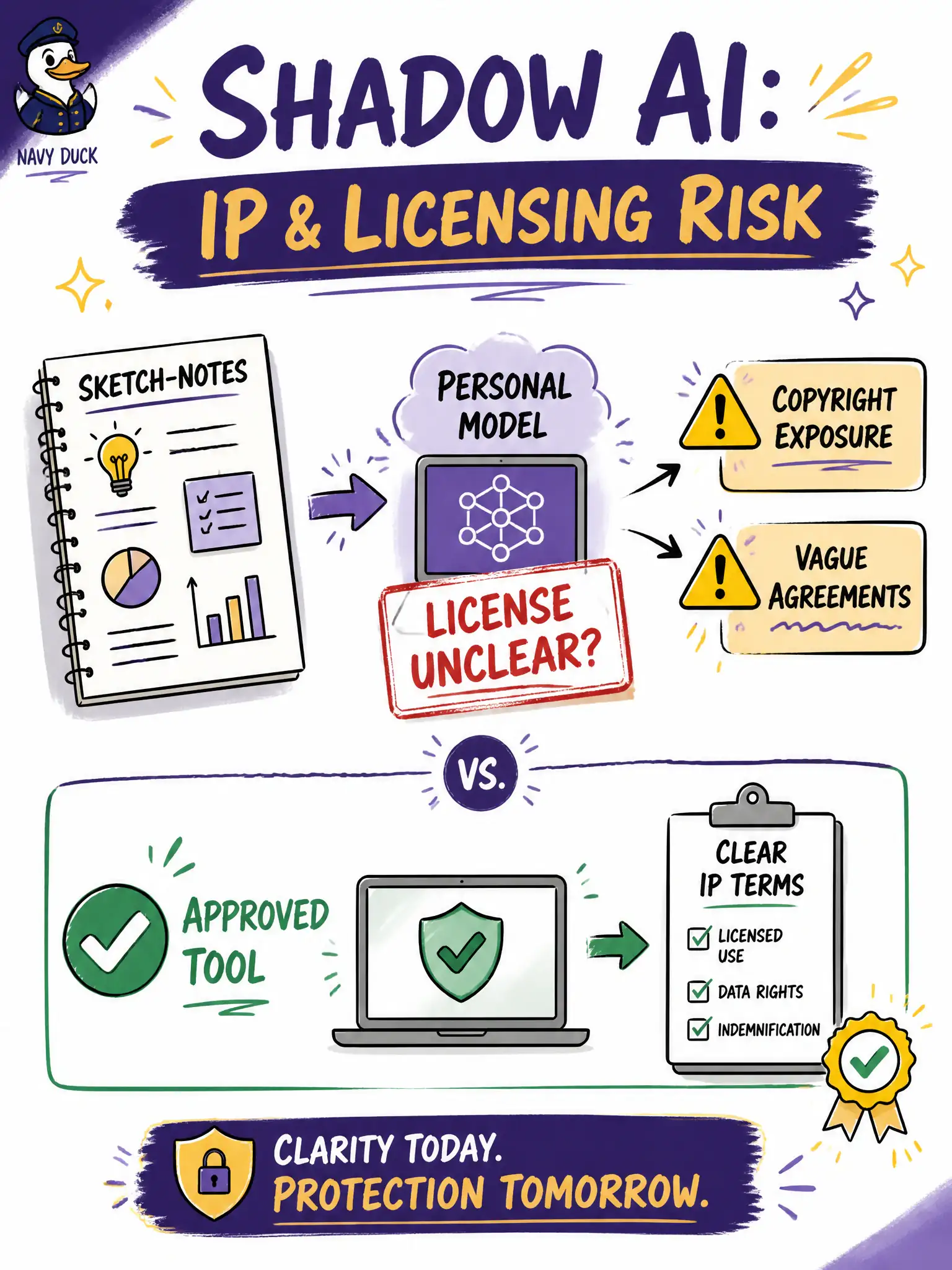 To Create an exciting colorful infographic that explains the concepts in the question: Question: A community mural-permit tester drops an artist’s unpublished sketch notes into a free personal model whose license terms are unclear. Which shadow-AI risk does this primarily illustrate? Correct Answer: Vague intellectual property and licensing risk that can expose the organization Put EVERY visible label in double quotes. No people. No A/B/C/D letters. In one of the four corners put a little "Navy Duck".