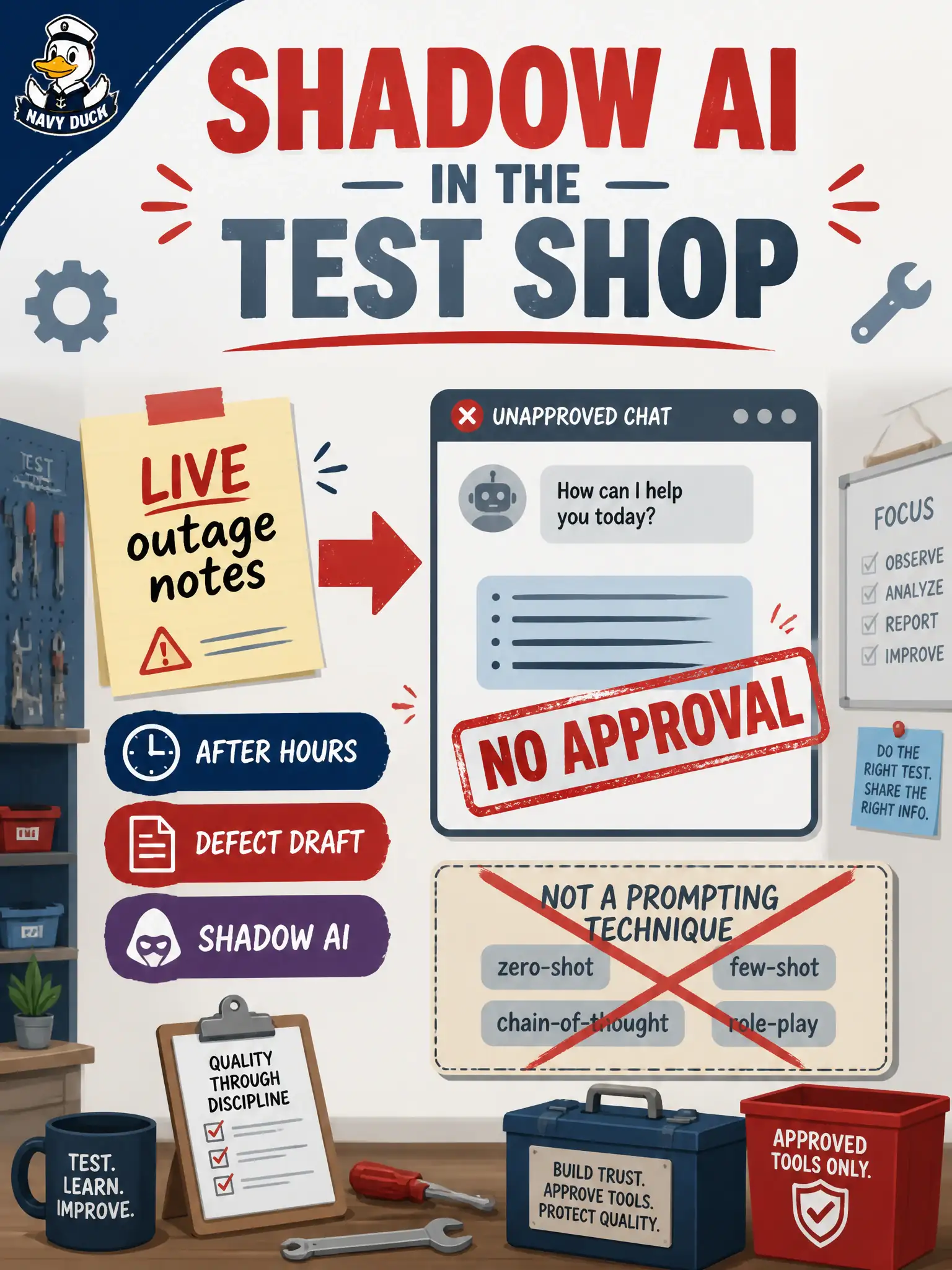 To Create an exciting colorful infographic that explains the concepts in the question: Question: After hours, a community book-bike tester pastes a live checkout outage into an unapproved chat pane “just to draft a defect report faster.” How should this situation be classified? Correct Answer: Shadow AI — unapproved GenAI use on live production defect content Put EVERY visible label in double quotes. No people. No A/B/C/D letters. In one of the four corners put a little "Navy Duck".