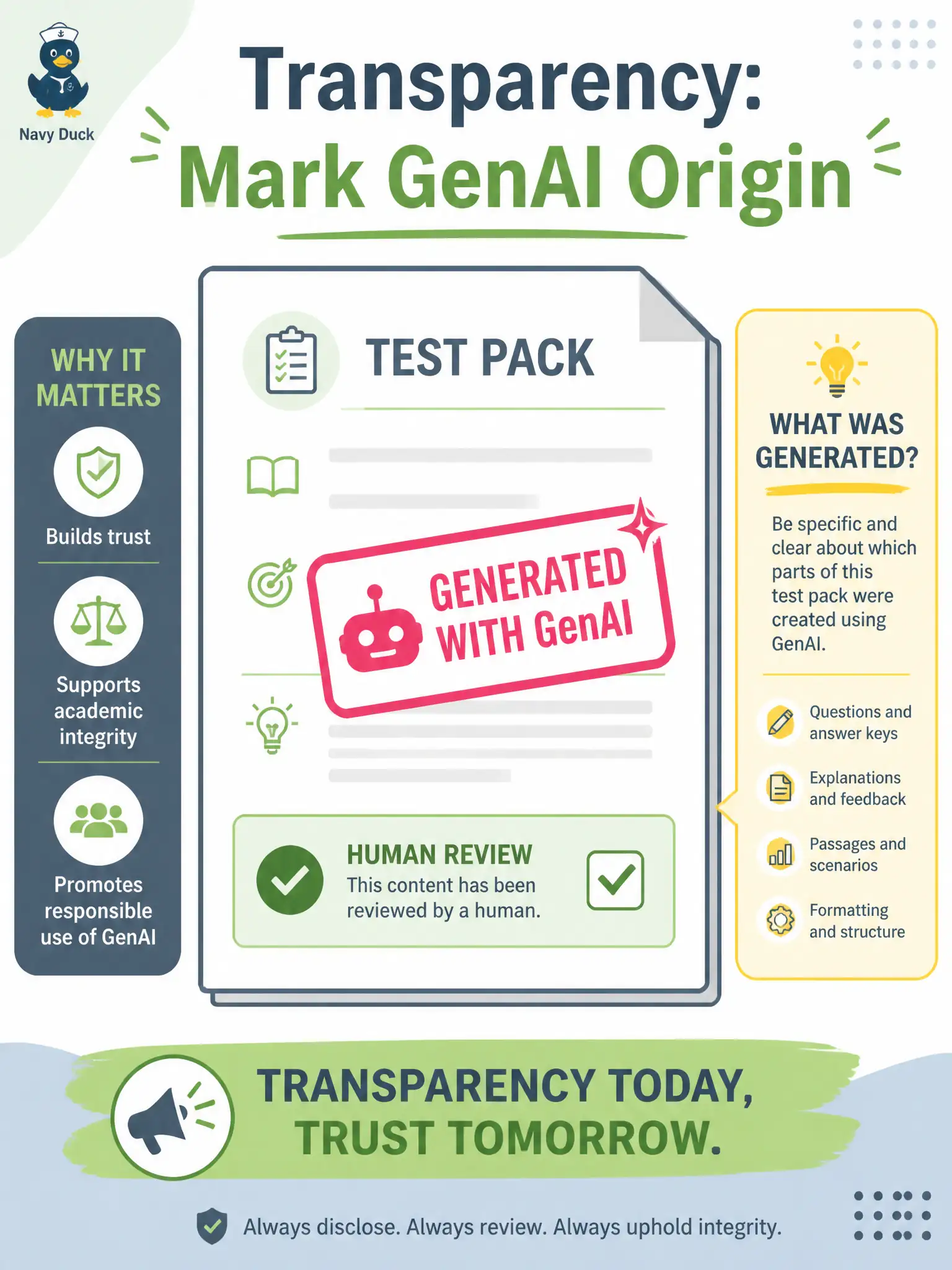 To Create an exciting colorful infographic that explains the concepts in the question: Question: A municipal sidewalk-repair ticket pack is filed with no mark that an LLM drafted the steps. Which strategy guideline obligation is missing? Correct Answer: Transparency — making clear what was generated using GenAI Put EVERY visible label in double quotes. No people. No A/B/C/D letters. In one of the four corners put a little "Navy Duck".