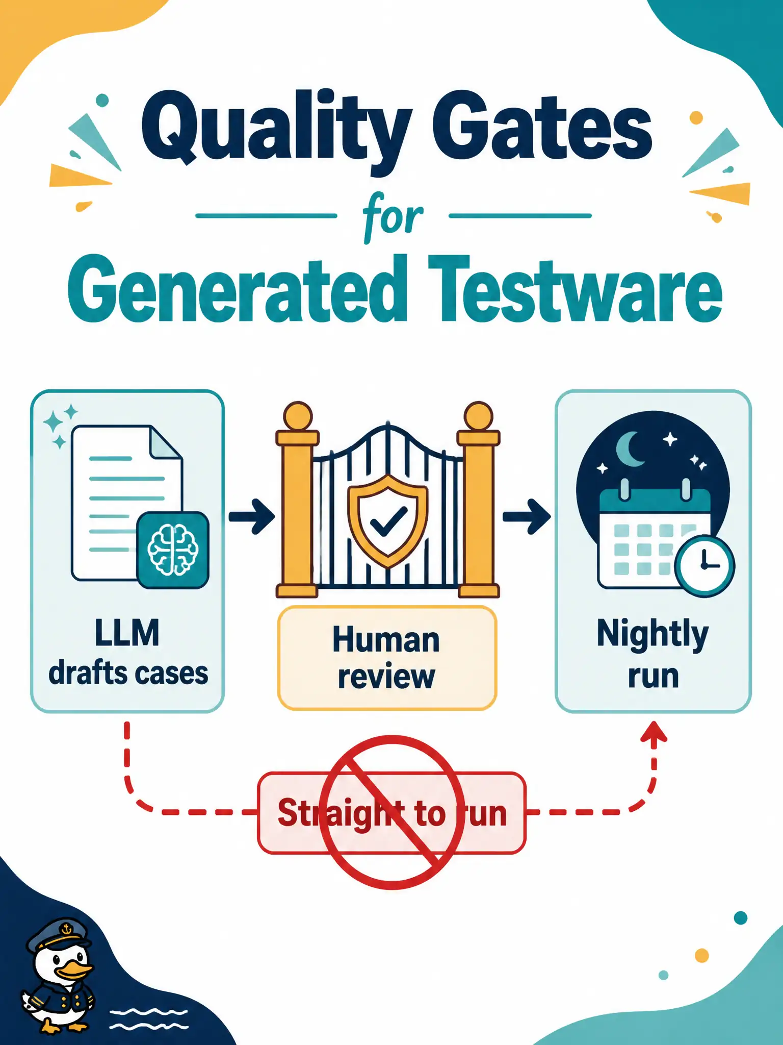 To Create an exciting colorful infographic that explains the concepts in the question: Question: A community cider-press booking lead wants generated cases to go straight into the nightly run with no stop. Which process guideline belongs in the GenAI testing strategy? Correct Answer: Quality gates that require review of generated testware before reliance Put EVERY visible label in double quotes. No people. No A/B/C/D letters. In one of the four corners put a little "Navy Duck".