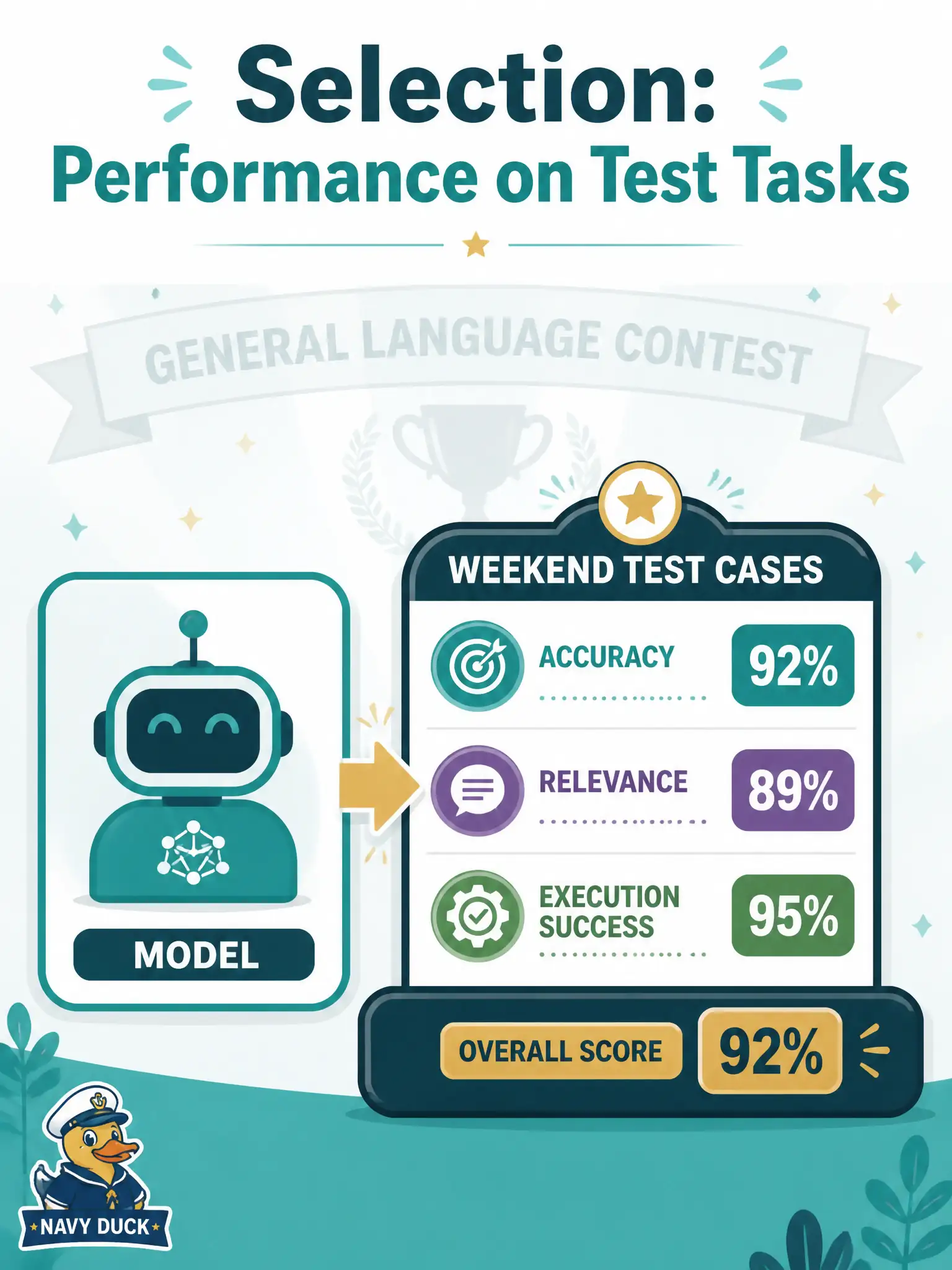 To Create an exciting colorful infographic that explains the concepts in the question: Question: A community film-club booking team cares whether a model drafts usable weekend cases, not whether it wins a general language contest. Which LLM selection criterion does that priority reflect? Correct Answer: Model performance on the organization’s targeted test tasks, judged with metrics such as those in §2.3.1 Put EVERY visible label in double quotes. No people. No A/B/C/D letters. In one of the four corners put a little "Navy Duck".