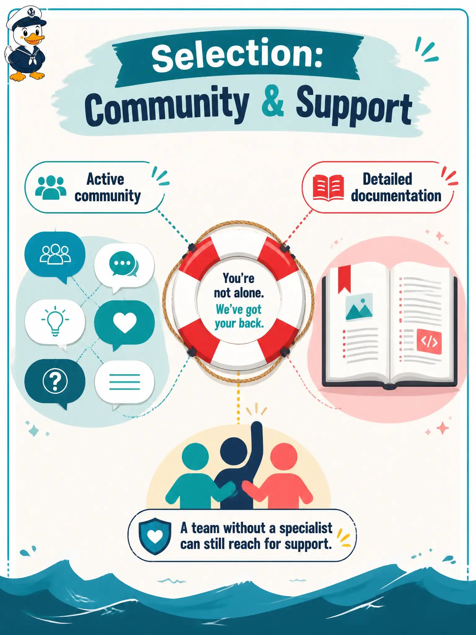 To Create an exciting colorful infographic that explains the concepts in the question: Question: A municipal hydrant-flush notice team has no in-house LLM specialist and needs docs plus an active user community when their case helper misbehaves. Which selection criterion matches that need? Correct Answer: Community and support — an active community plus detailed documentation Put EVERY visible label in double quotes. No people. No A/B/C/D letters. In one of the four corners put a little "Navy Duck".
