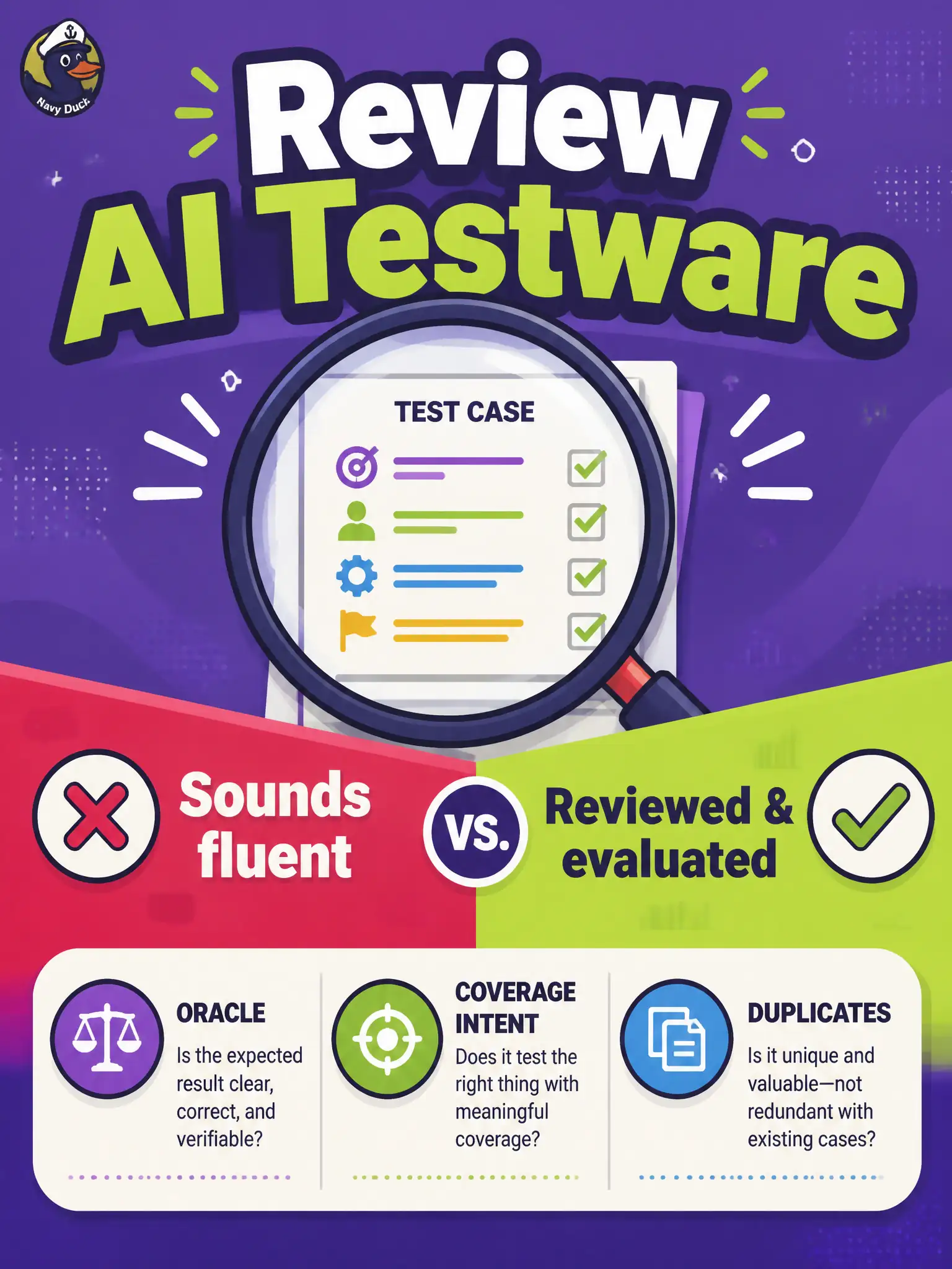 To Create an exciting colorful infographic that explains the concepts in the question: Question: A community spinning-wheel booking pack is accepted because it “sounds like a tester wrote it.” What essential GenAI testing skill does this shop still need? Correct Answer: Developing test-review methods and evaluating AI-generated testware before acceptance Put EVERY visible label in double quotes. No people. No A/B/C/D letters. In one of the four corners put a little "Navy Duck".