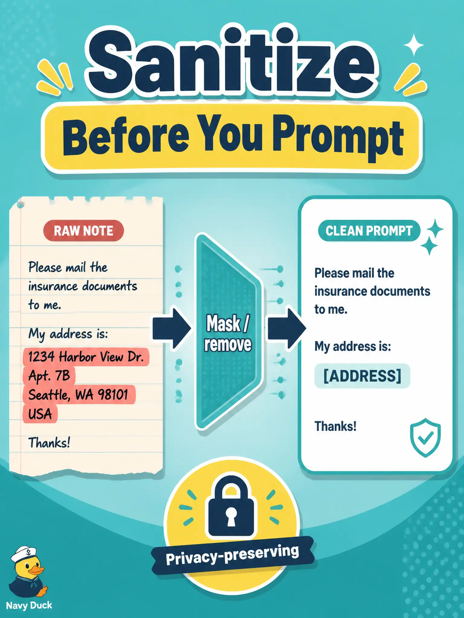 To Create an exciting colorful infographic that explains the concepts in the question: Question: A municipal bus-shelter-ad tester is about to paste a complainant’s home address into a prompt to an LLM-powered test tool. Which skills should stop that action? Correct Answer: Data sanitization and privacy-preserving prompt practice, including awareness of security implications when sharing testware with an LLM Put EVERY visible label in double quotes. No people. No A/B/C/D letters. In one of the four corners put a little "Navy Duck".