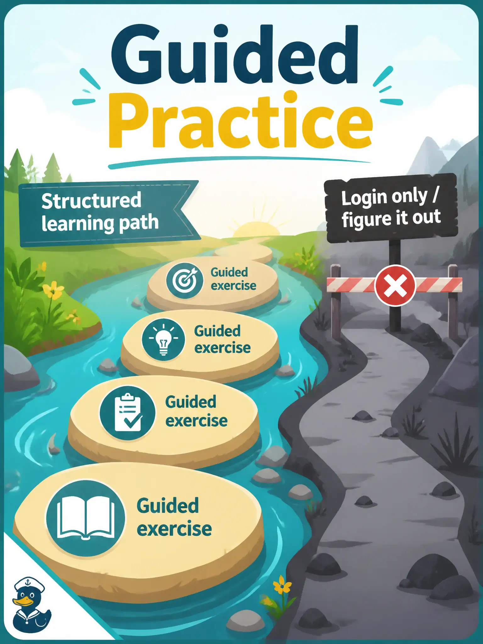 To Create an exciting colorful infographic that explains the concepts in the question: Question: A community storywalk team is given only a login and told to “figure GenAI out.” Which cultivation strategy does official practice recommend instead? Correct Answer: A hands-on approach using guided exercises and structured learning paths Put EVERY visible label in double quotes. No people. No A/B/C/D letters. In one of the four corners put a little "Navy Duck".