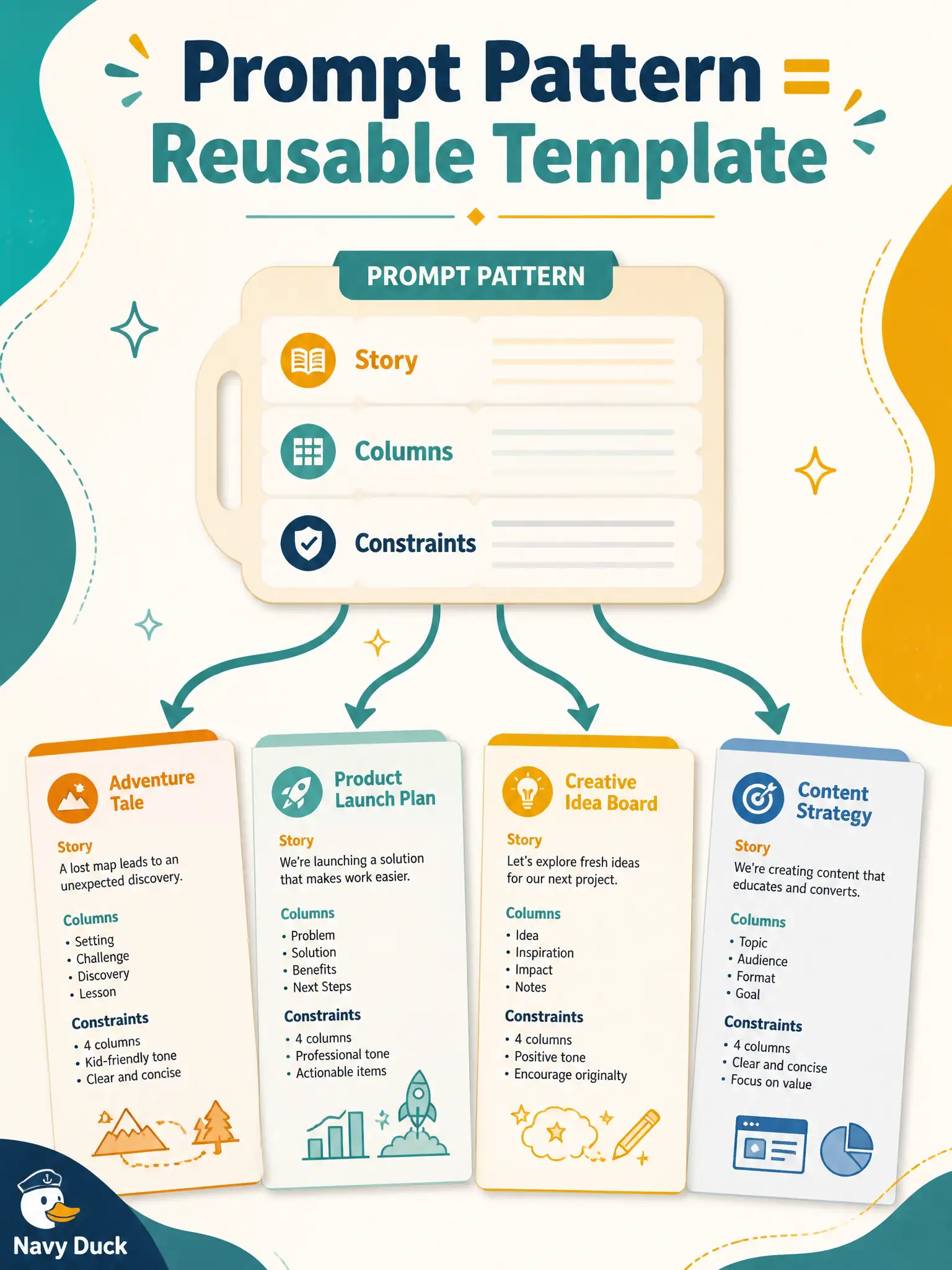 To Create an exciting colorful infographic that explains the concepts in the question: Question: A community bouldering-wall shop keeps rewriting the same “draft cases from this story into our three-column sheet” text. What is a prompt pattern in this context? Correct Answer: A reusable template for crafting prompts that guide GenAI toward consistent, reliable outputs Put EVERY visible label in double quotes. No people. No A/B/C/D letters. In one of the four corners put a little "Navy Duck".