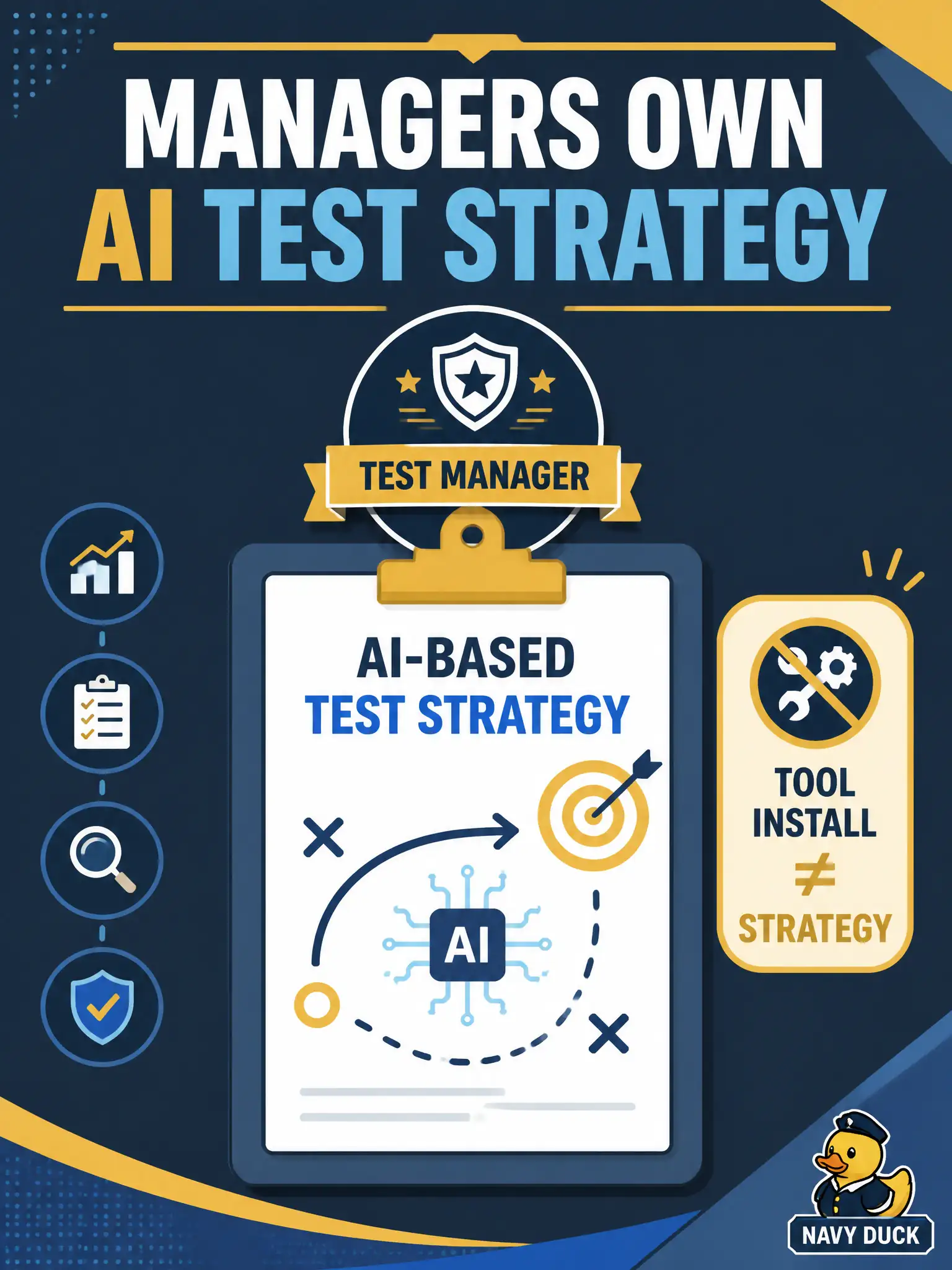 To Create an exciting colorful infographic that explains the concepts in the question: Question: A municipal bioswale inspection manager leaves “the AI plan” to whoever installed the chatbot. Which test-manager responsibility shift does this miss? Correct Answer: Developing an AI-based test strategy as a test-manager ownership area Put EVERY visible label in double quotes. No people. No A/B/C/D letters. In one of the four corners put a little "Navy Duck".