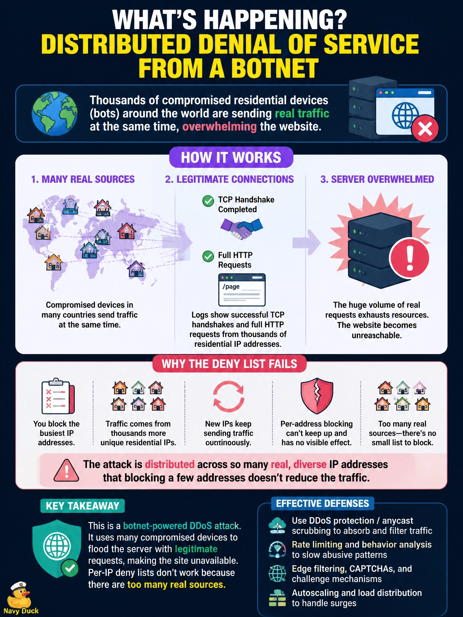 To Create an exciting colorful infographic that explains the concepts in the question: Question: A public web portal becomes unreachable. Logs show completed TCP handshakes and full HTTP requests arriving at the same moment from thousands of residential IP addresses in many countries, and adding the busiest addresses to a deny list has no visible effect. Which attack is occurring, and why does the deny list fail? Correct Answer: A distributed denial of service from a botnet, where too many real sources exist for per-address blocking to work Put EVERY visible label in double quotes. No people. No A/B/C/D letters. In one of the four corners put a little "Navy Duck".