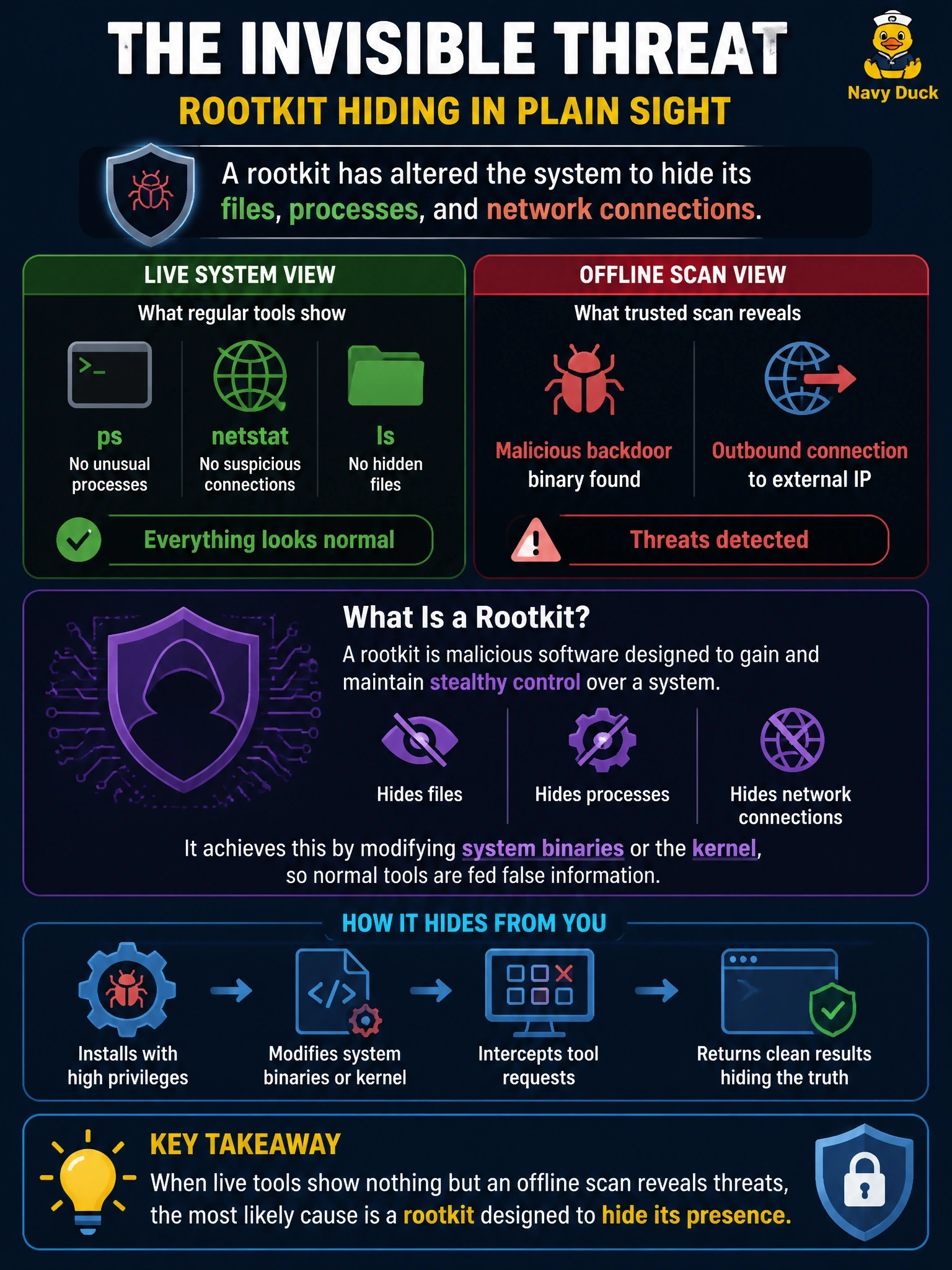 To Create an exciting colorful infographic that explains the concepts in the question: Question: On a Linux server, ps, netstat, and ls report nothing unusual, yet an offline scan from trusted boot media reveals a running backdoor binary and an outbound connection that the live system tools never displayed. Which threat is the most likely explanation? Correct Answer: A rootkit that has altered system binaries or the kernel to hide its files, processes, and connections Put EVERY visible label in double quotes. No people. No A/B/C/D letters. In one of the four corners put a little "Navy Duck".