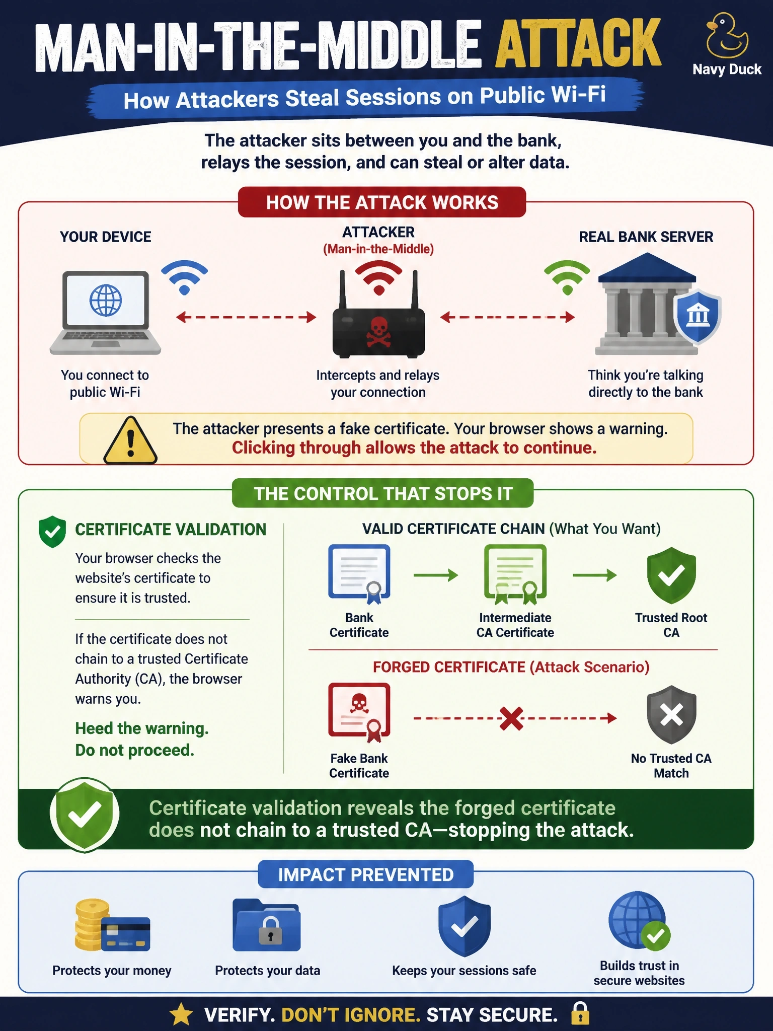 To Create an exciting colorful infographic that explains the concepts in the question: Question: On public coffee-shop Wi-Fi, a user sees a browser warning that the bank's certificate was issued by an unknown authority, clicks through, and later finds the account drained. The attacker was on the same wireless network and relayed the session to the real bank. Which attack occurred, and which control would have stopped it had the user heeded it? Correct Answer: Man-in-the-middle; certificate validation showed the forged certificate did not chain to a trusted CA Put EVERY visible label in double quotes. No people. No A/B/C/D letters. In one of the four corners put a little "Navy Duck".