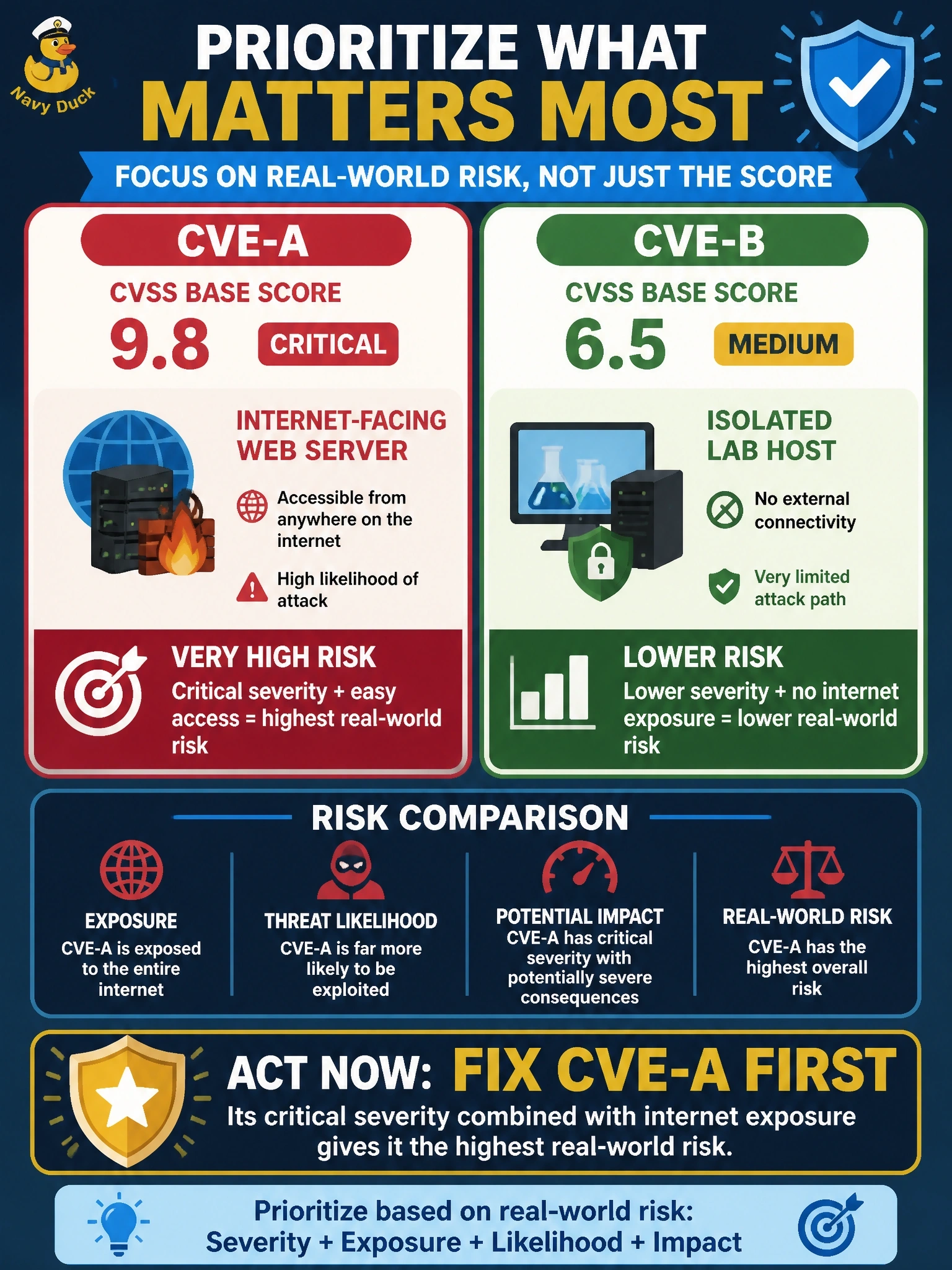 To Create an exciting colorful infographic that explains the concepts in the question: Question: A vulnerability scan reports CVE-A with a CVSS base score of 9.8 on an internet-facing web server and CVE-B with a base score of 6.5 on an isolated lab host with no external connectivity. The team can remediate only one finding this week. Which approach is correct? Correct Answer: Fix CVE-A first, because its critical severity combined with internet exposure gives it the highest real-world risk Put EVERY visible label in double quotes. No people. No A/B/C/D letters. In one of the four corners put a little "Navy Duck".