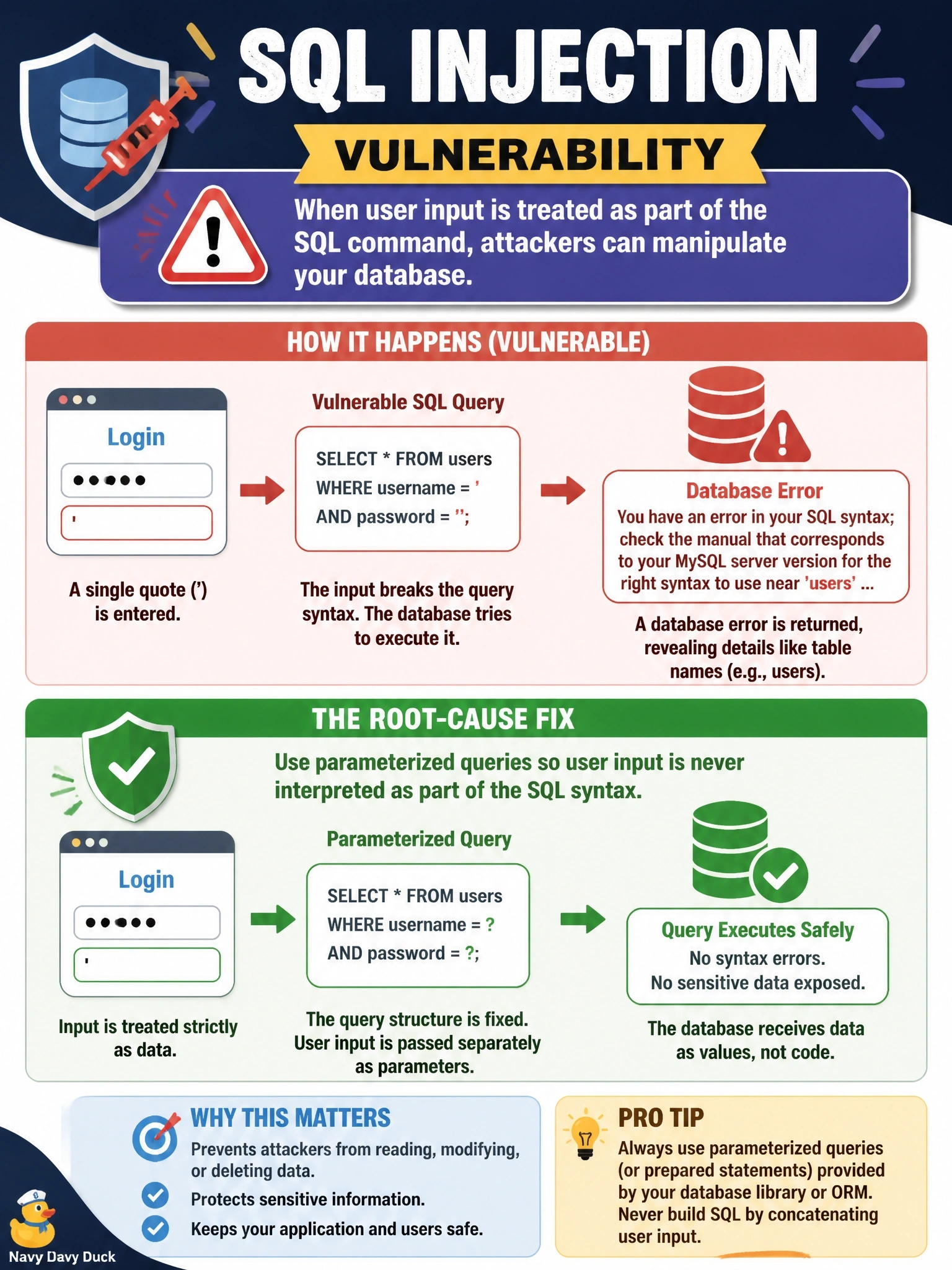 To Create an exciting colorful infographic that explains the concepts in the question: Question: Typing a single quote into a web application's login field produces a database syntax error that names the table being queried. Which vulnerability does this indicate, and what is the root-cause fix? Correct Answer: SQL injection; use parameterized queries so user input is never interpreted as part of the SQL syntax Put EVERY visible label in double quotes. No people. No A/B/C/D letters. In one of the four corners put a little "Navy Duck".