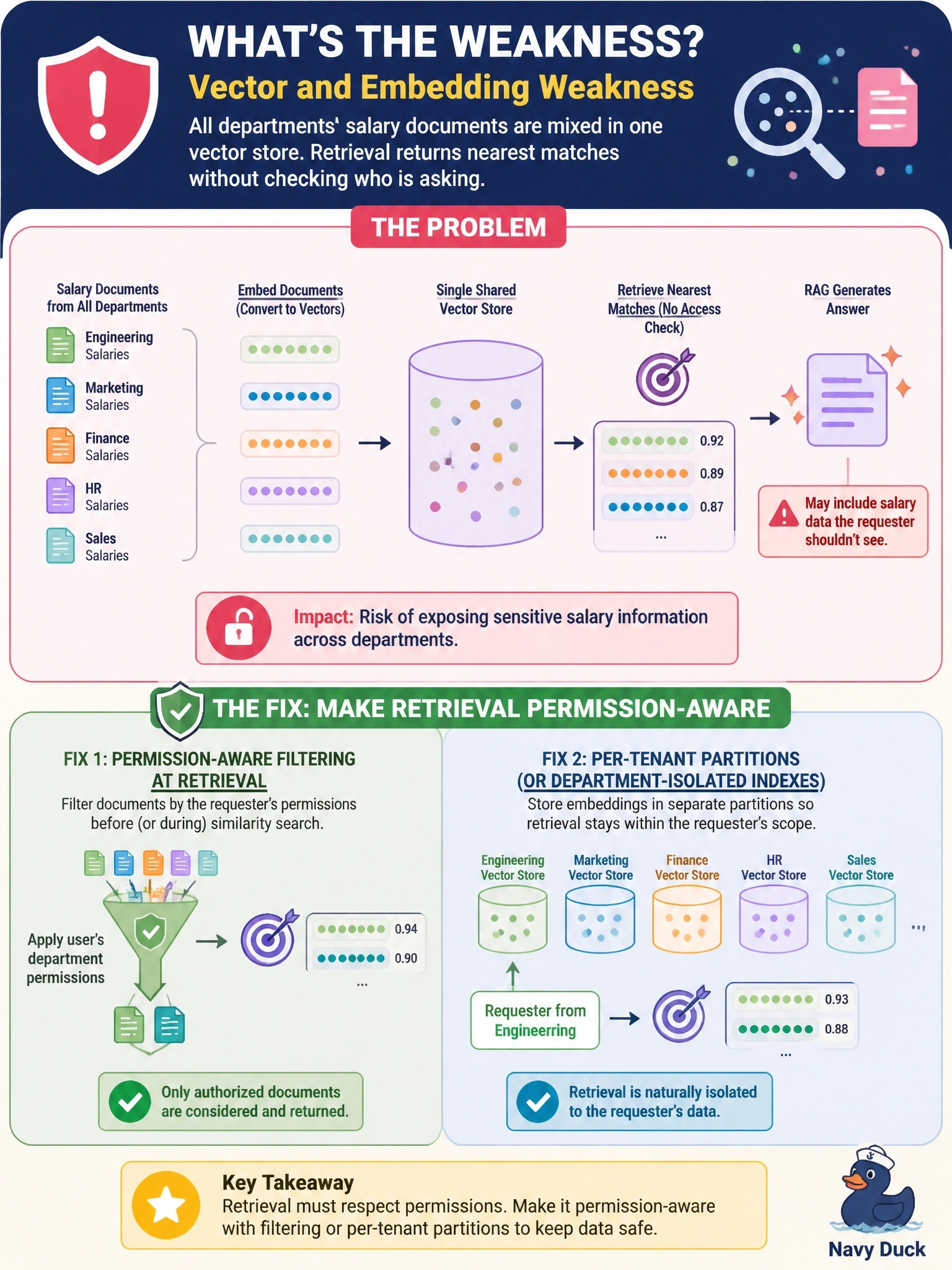 To Create an exciting colorful infographic that explains the concepts in the question: Question: A retrieval-augmented generation (RAG) assistant answers an engineer's question using salary documents from HR. All departments' documents were embedded into a single shared vector store, and retrieval returns the nearest matches without checking who is asking. Which weakness does this describe, and what fixes it? Correct Answer: A vector and embedding weakness; enforce permission-aware filtering or per-tenant partitions at retrieval Put EVERY visible label in double quotes. No people. No A/B/C/D letters. In one of the four corners put a little "Navy Duck".