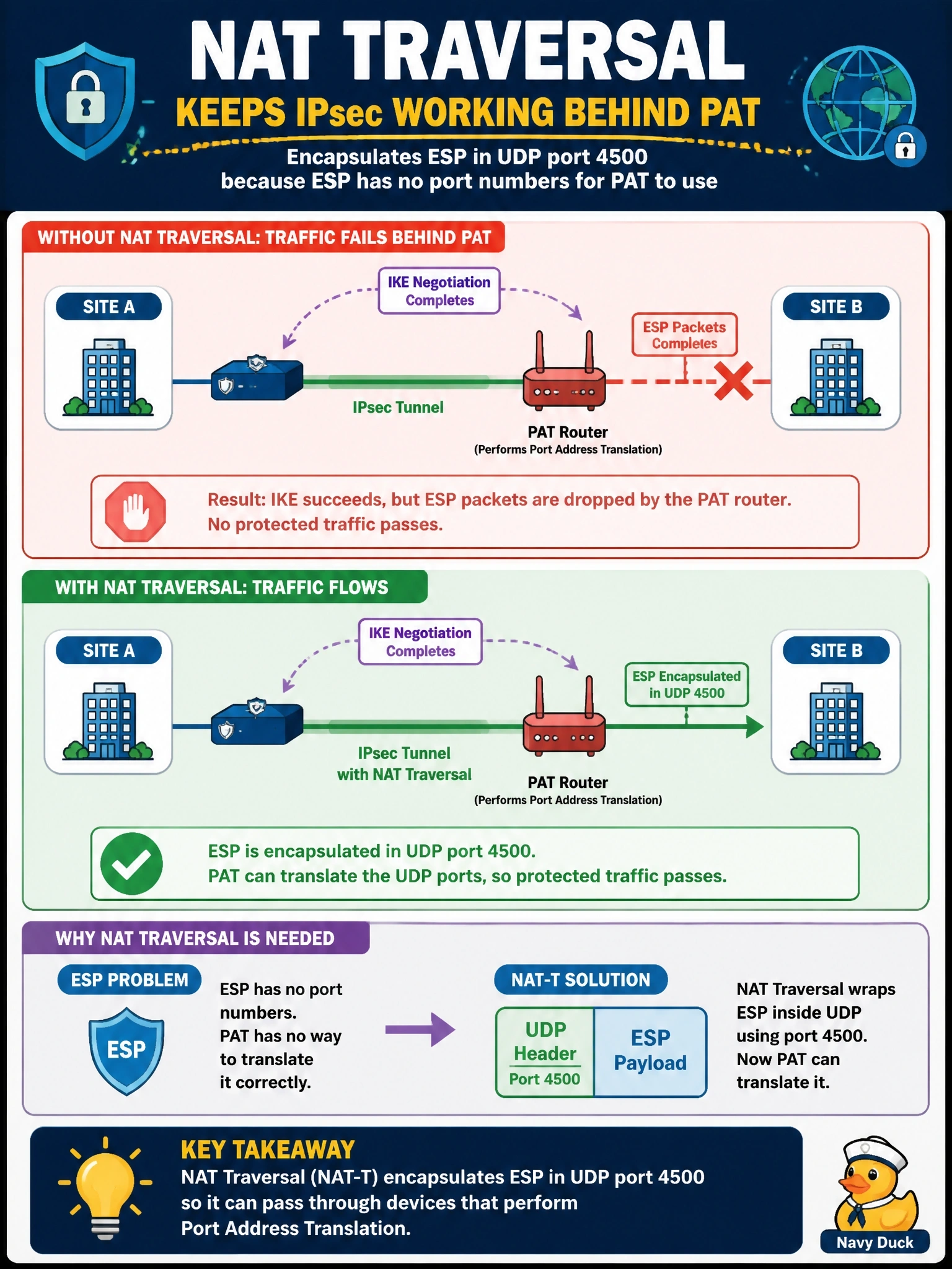 To Create an exciting colorful infographic that explains the concepts in the question: Question: A site-to-site IPsec tunnel works until one peer is moved behind a router that performs port address translation. After the move, IKE negotiation completes but ESP packets are dropped at the PAT router and no protected traffic passes. Which mechanism resolves this, and why? Correct Answer: NAT Traversal, which encapsulates ESP in UDP port 4500 because ESP has no port numbers for PAT to use Put EVERY visible label in double quotes. No people. No A/B/C/D letters. In one of the four corners put a little "Navy Duck".