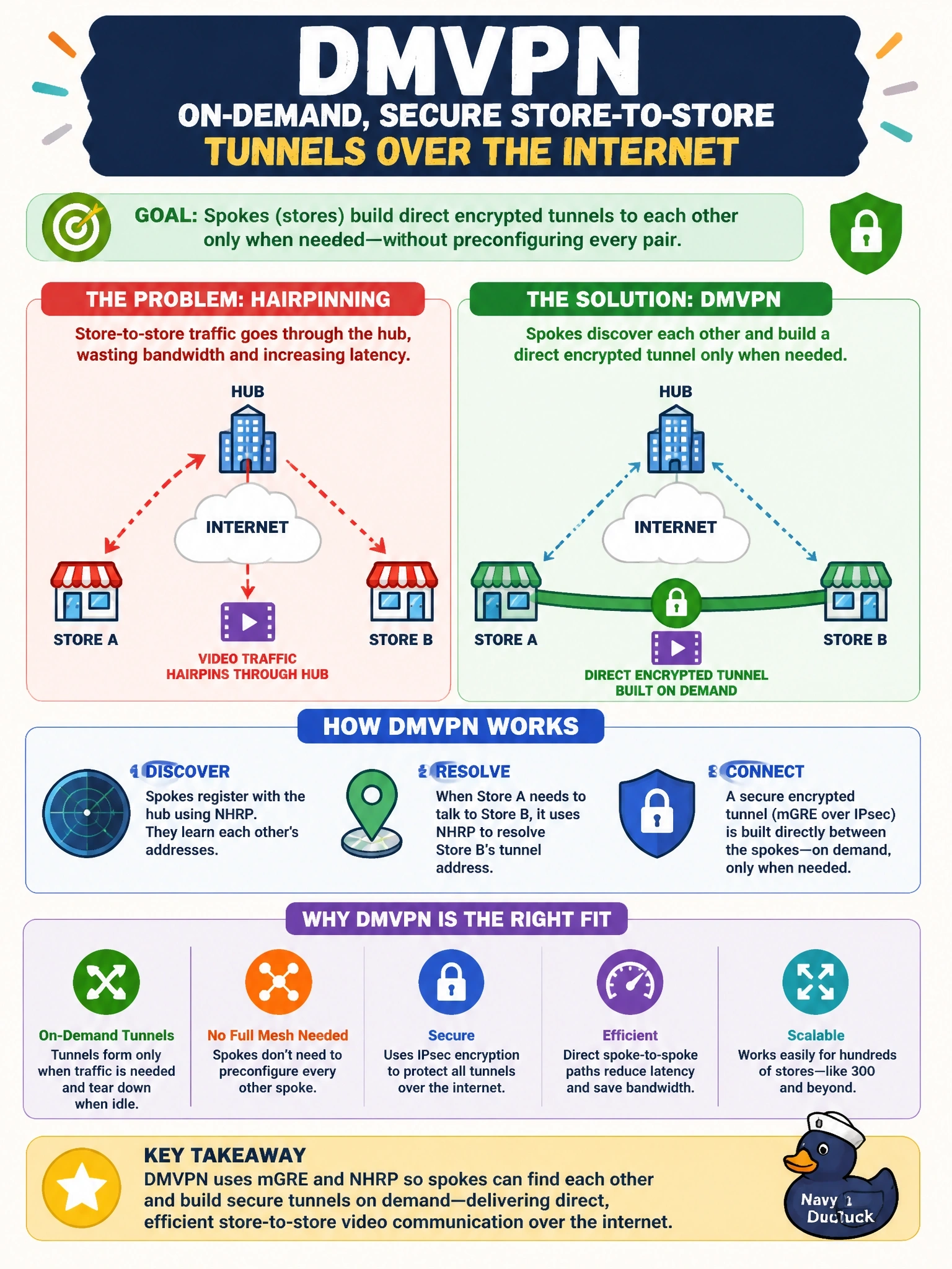To Create an exciting colorful infographic that explains the concepts in the question: Question: A retailer runs a hub-and-spoke WAN of 300 stores over the internet. Store-to-store video traffic currently hairpins through the hub, and the team wants spokes to build direct encrypted tunnels to each other only when needed, without preconfiguring every pair. Which VPN technology fits? Correct Answer: DMVPN, because mGRE and NHRP let spokes resolve each other's addresses and build tunnels on demand Put EVERY visible label in double quotes. No people. No A/B/C/D letters. In one of the four corners put a little "Navy Duck".