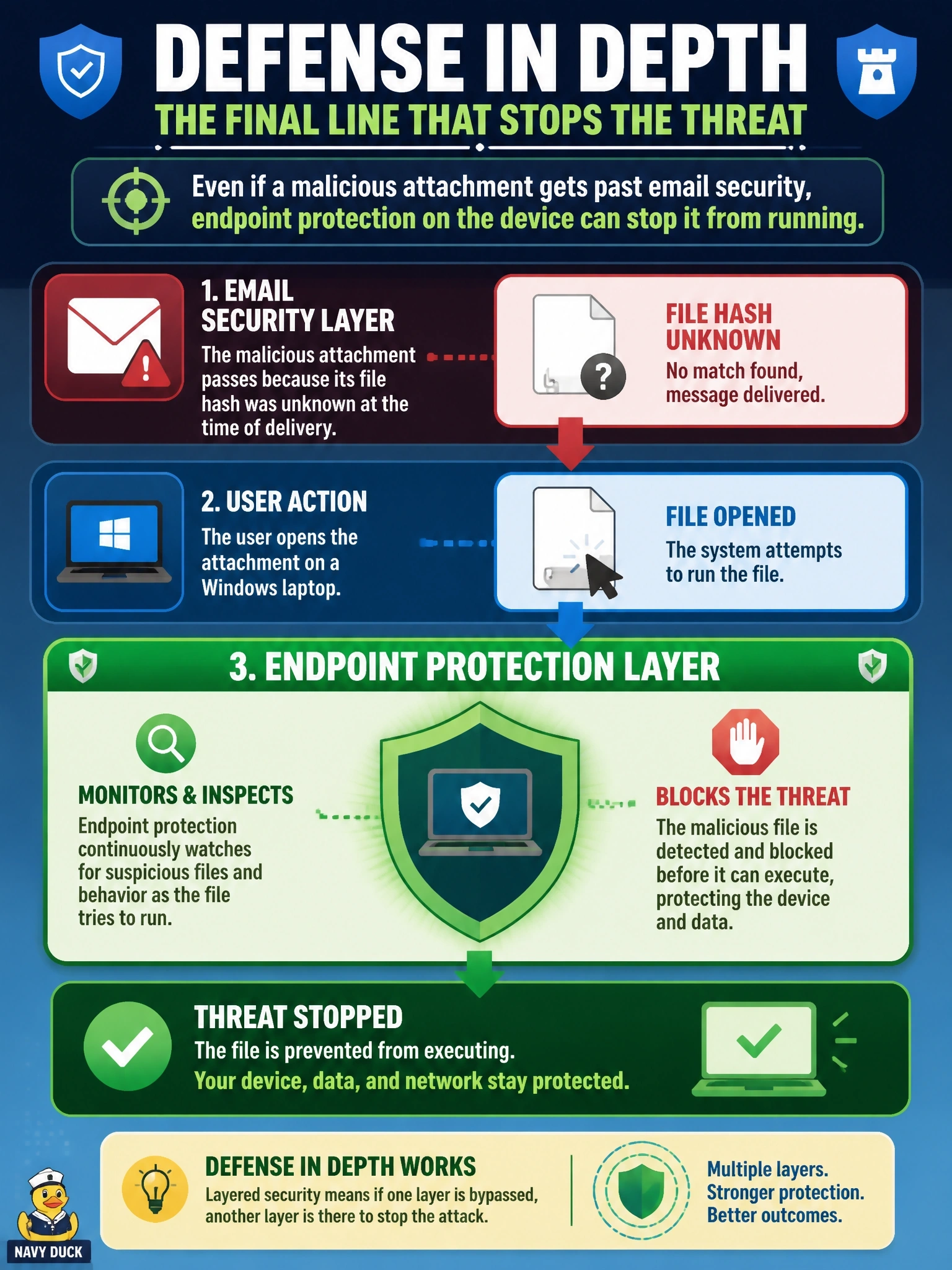 To Create an exciting colorful infographic that explains the concepts in the question: Question: A malicious attachment passes the email security layer because its file hash was unknown when the message was delivered. A user opens it on a Windows laptop. Which additional defense-in-depth layer is most likely to stop the file from executing on that host? Correct Answer: Endpoint protection such as Cisco Secure Endpoint, inspecting and blocking the file as it tries to run Put EVERY visible label in double quotes. No people. No A/B/C/D letters. In one of the four corners put a little "Navy Duck".