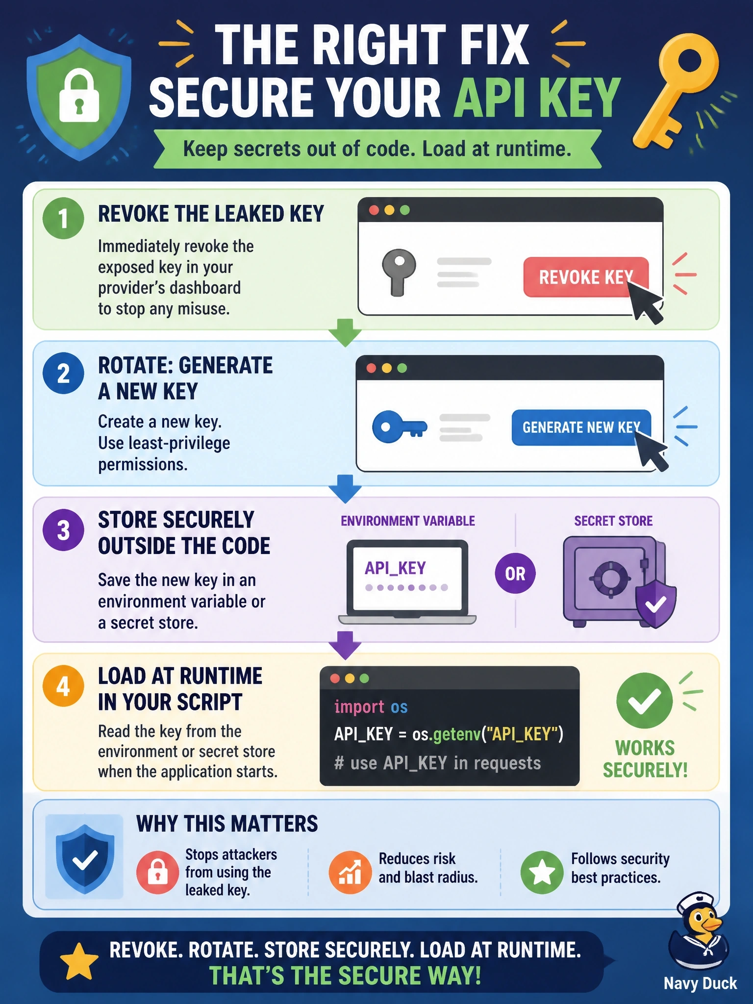 To Create an exciting colorful infographic that explains the concepts in the question: Question: A teammate's script defines APIKEY = 'a1b2c3d4e5' near the top, and the file has already been committed and pushed to the team's Git repository. The script works. What is the correct fix? Correct Answer: Revoke and rotate the key, then load the new one at runtime from an environment variable or secret store Put EVERY visible label in double quotes. No people. No A/B/C/D letters. In one of the four corners put a little "Navy Duck".