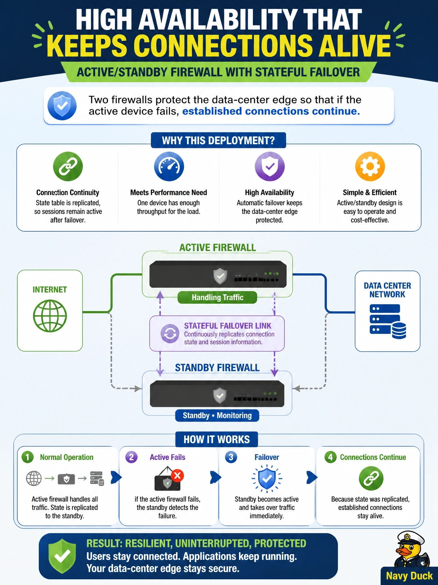 To Create an exciting colorful infographic that explains the concepts in the question: Question: Two Cisco Secure Firewall devices protect a data-center edge. The requirement is that established connections continue if the active device fails. A single device has enough throughput for the load. Which deployment meets the requirement? Correct Answer: Active/standby high availability with a stateful failover link replicating connection state Put EVERY visible label in double quotes. No people. No A/B/C/D letters. In one of the four corners put a little "Navy Duck".