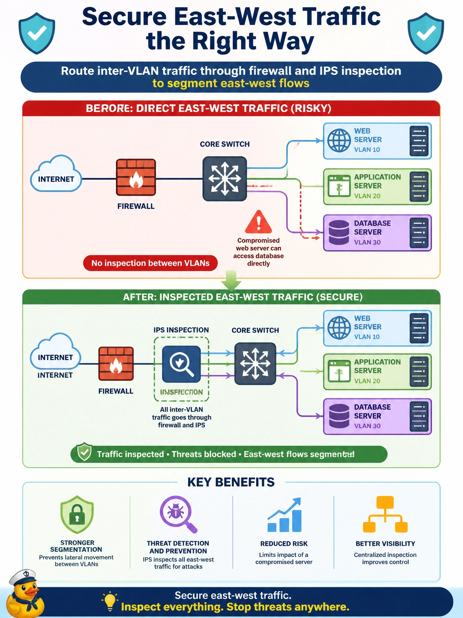 To Create an exciting colorful infographic that explains the concepts in the question: Question: A data center's only Cisco Secure Firewall sits at the internet edge. Web, application and database servers in separate VLANs route to each other on the core switch, and a compromised web server connected straight to the database. Which design change addresses this? Correct Answer: Route inter-VLAN traffic through firewall and IPS inspection to segment east-west flows Put EVERY visible label in double quotes. No people. No A/B/C/D letters. In one of the four corners put a little "Navy Duck".