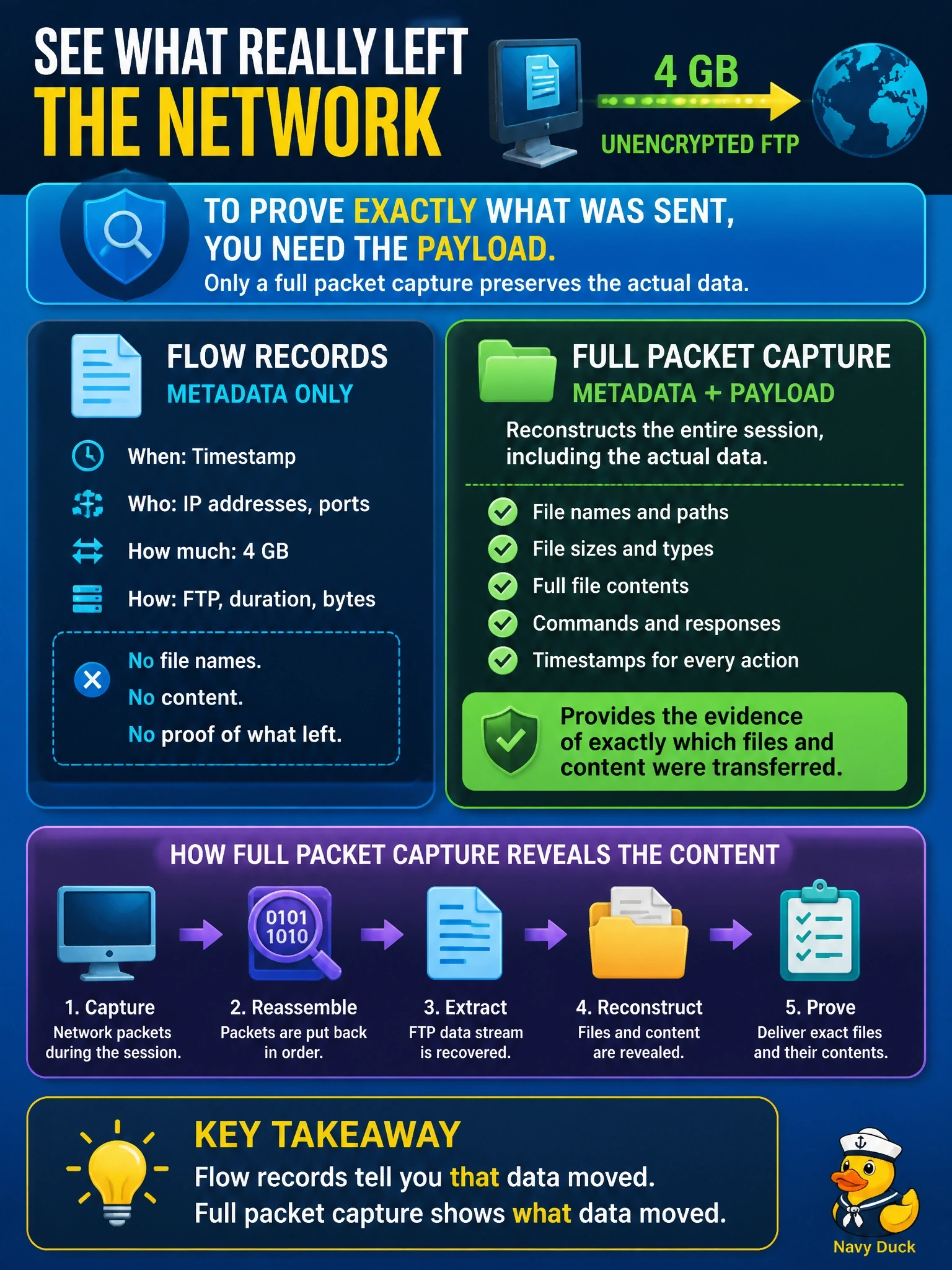 To Create an exciting colorful infographic that explains the concepts in the question: Question: Flow records show a workstation sent 4 GB to an unknown external host over unencrypted FTP overnight. Legal asks for evidence of exactly which files and content left the network. Which data source can provide that? Correct Answer: A full packet capture of the session, which keeps the payload that flow records omit Put EVERY visible label in double quotes. No people. No A/B/C/D letters. In one of the four corners put a little "Navy Duck".
