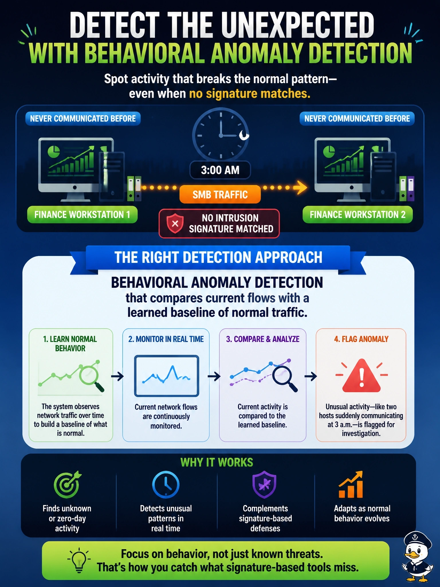 To Create an exciting colorful infographic that explains the concepts in the question: Question: Two finance workstations that have never communicated before suddenly exchange SMB traffic at 3 a.m. No intrusion signature matched the traffic. Which detection approach is designed to flag this activity? Correct Answer: Behavioral anomaly detection that compares current flows with a learned baseline of normal traffic Put EVERY visible label in double quotes. No people. No A/B/C/D letters. In one of the four corners put a little "Navy Duck".