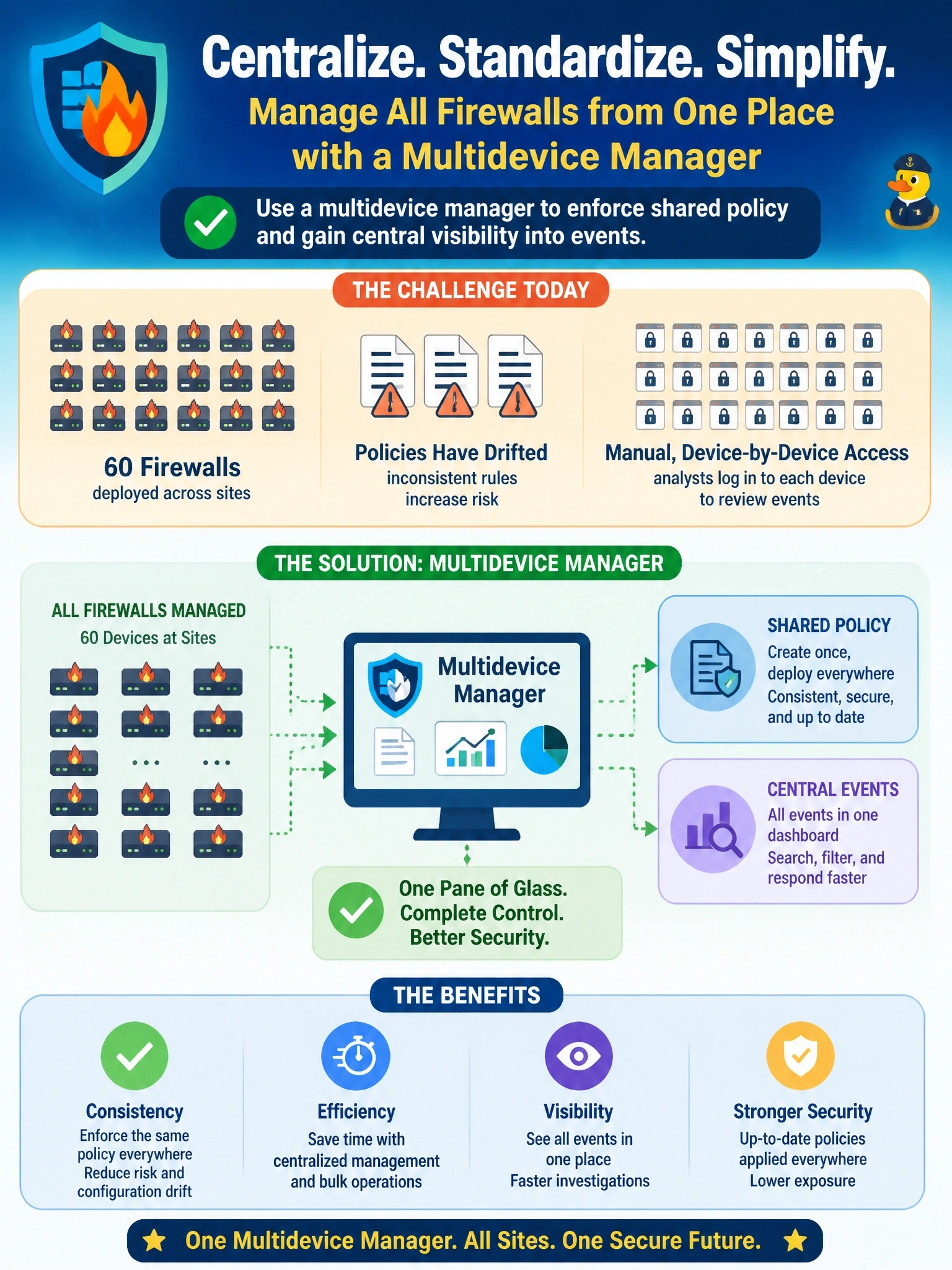 To Create an exciting colorful infographic that explains the concepts in the question: Question: An enterprise runs 60 Cisco Secure Firewall (FTD) devices at its sites. Today each one is configured individually, policies have drifted apart, and analysts must log in to each device to review events. Which management approach addresses this? Correct Answer: A multidevice manager such as Management Center, with shared policy and central events Put EVERY visible label in double quotes. No people. No A/B/C/D letters. In one of the four corners put a little "Navy Duck".