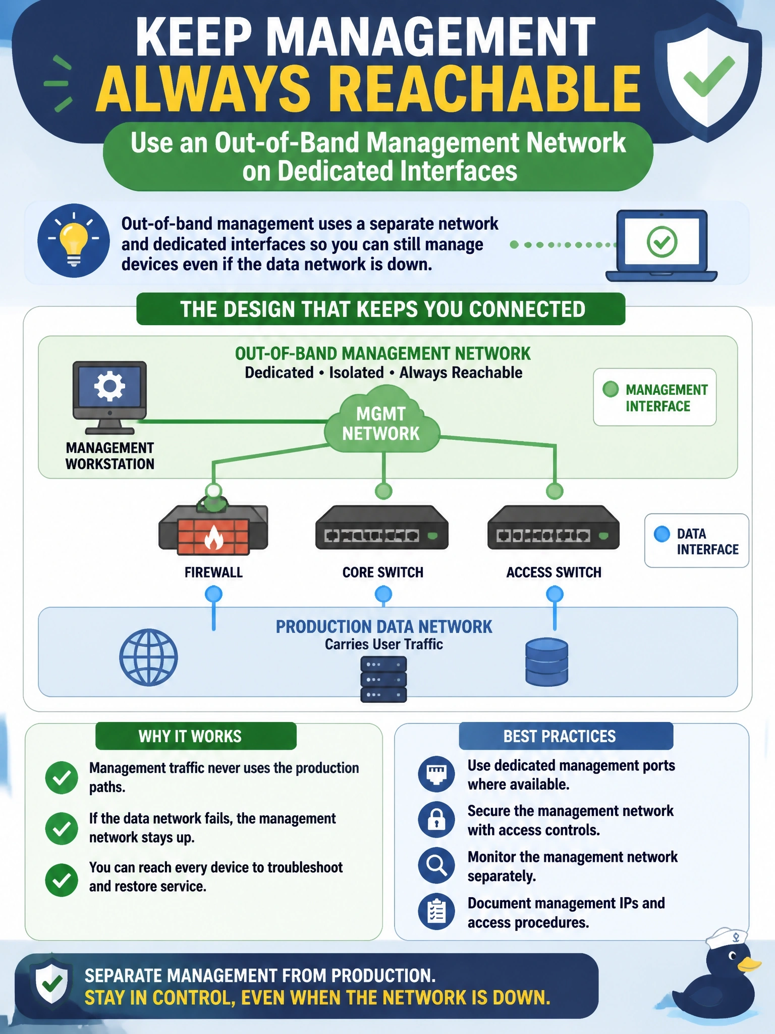 To Create an exciting colorful infographic that explains the concepts in the question: Question: During a routing outage on the production network, administrators lost access to every firewall and switch they needed to fix it, because management traffic shares the data interfaces. Which design keeps management reachable when the data network is down? Correct Answer: An out-of-band management network on dedicated interfaces, separate from production paths Put EVERY visible label in double quotes. No people. No A/B/C/D letters. In one of the four corners put a little "Navy Duck".